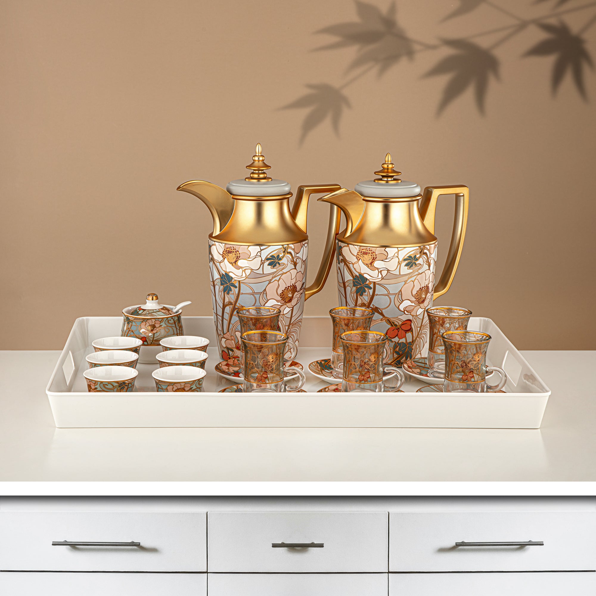 Almarjan Vacuum Flask Set 24 Pieces, 1L + 1L, Floral & Matt Gold (24-JBH-TR-AZ02G) - Tea & Coffee Complete Set