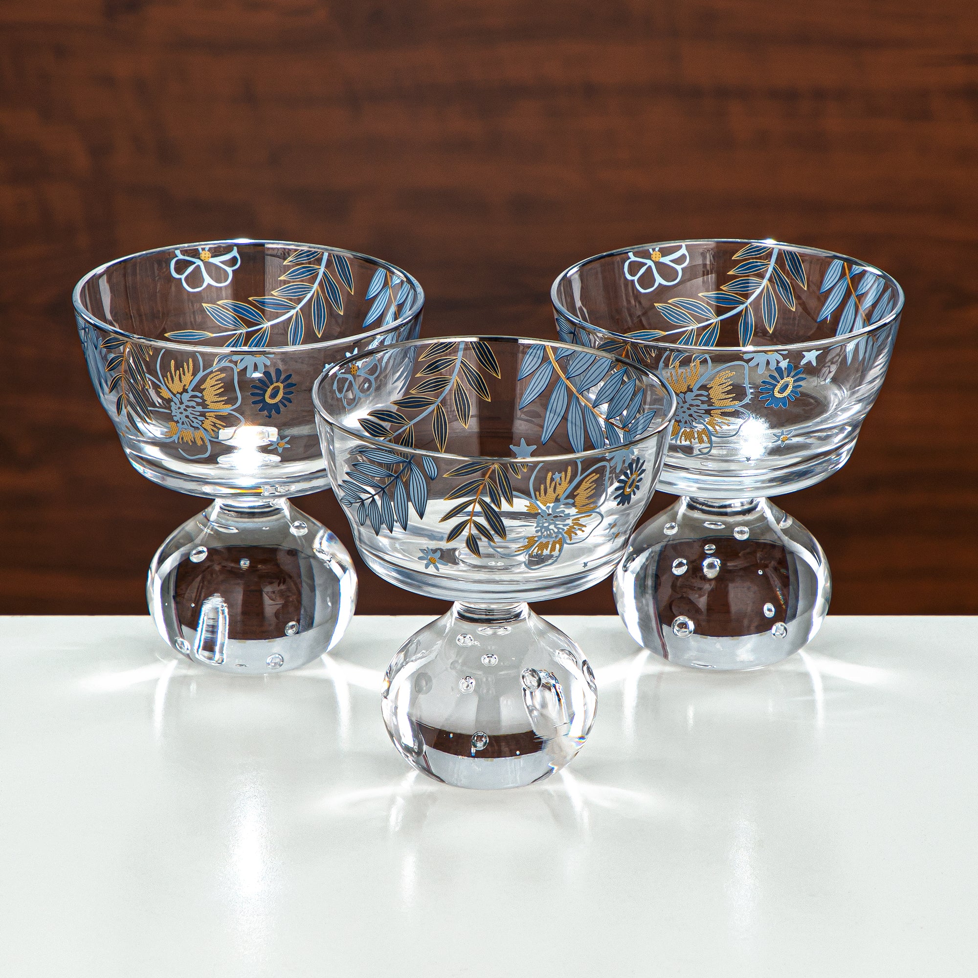 Almarjan Ice Cream Cup Set Printed Glass 3 Pieces (8387-5-12196) – Blue Botanical Dessert Collection