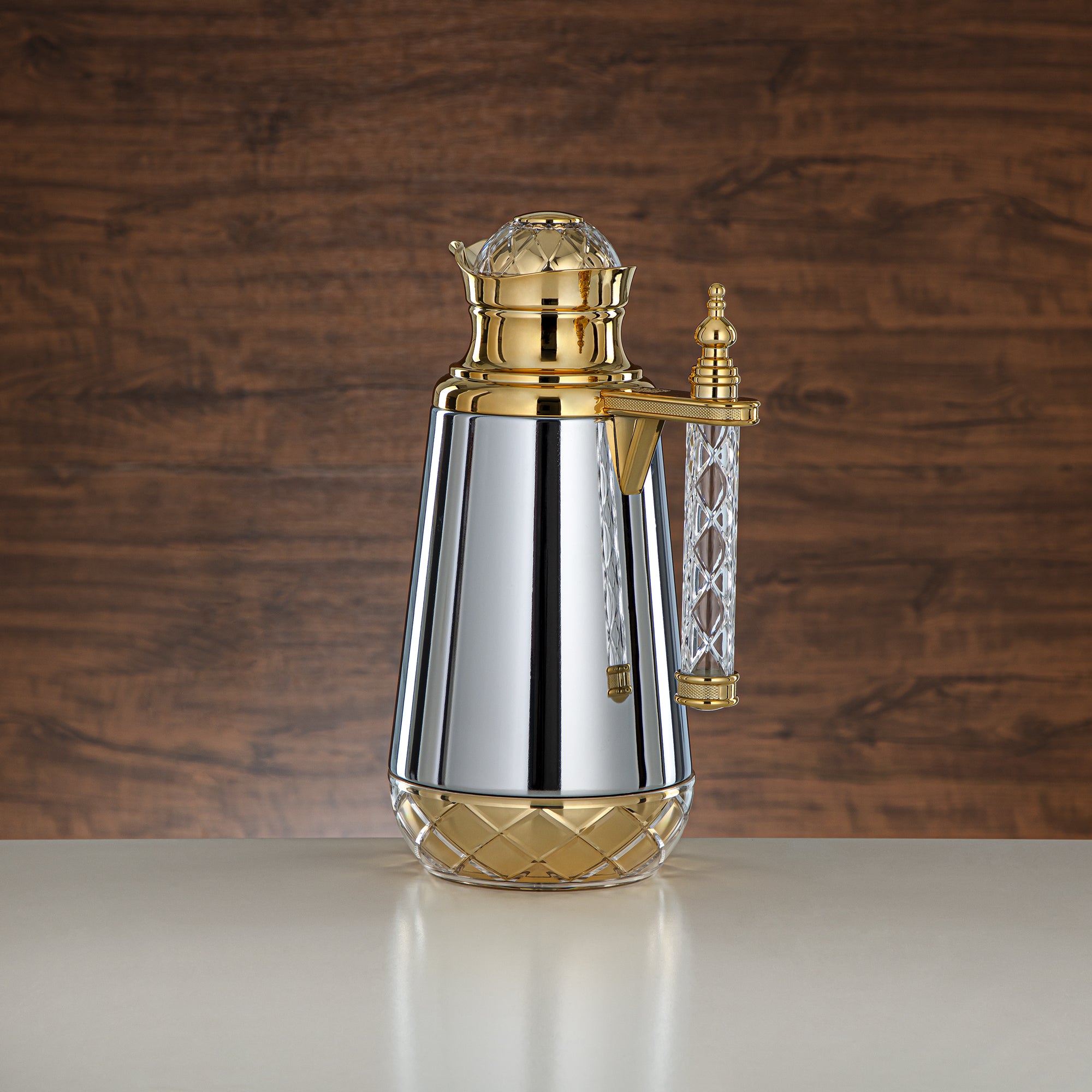 Almarjan Vacuum Flask Set, Push Button, Acrylic Handle - 0.7L + 1L, Silver & Gold (CBY+CBZ-CCG) - Classic Vacuum Flasks