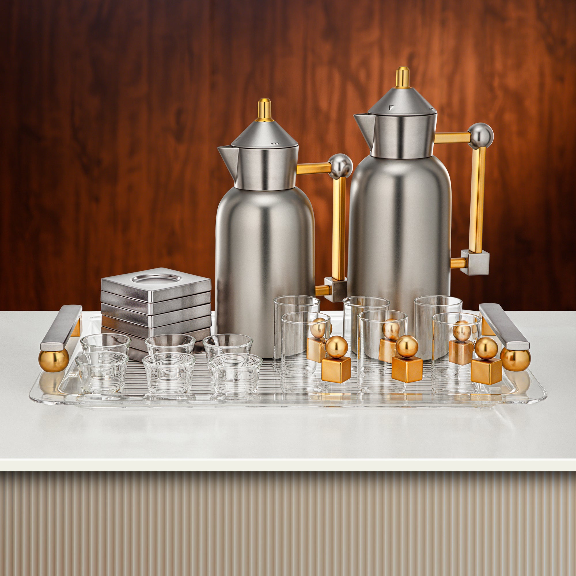 Almarjan Tea & Coffee Set 21 Pieces Matt Nickel with Matt Gold