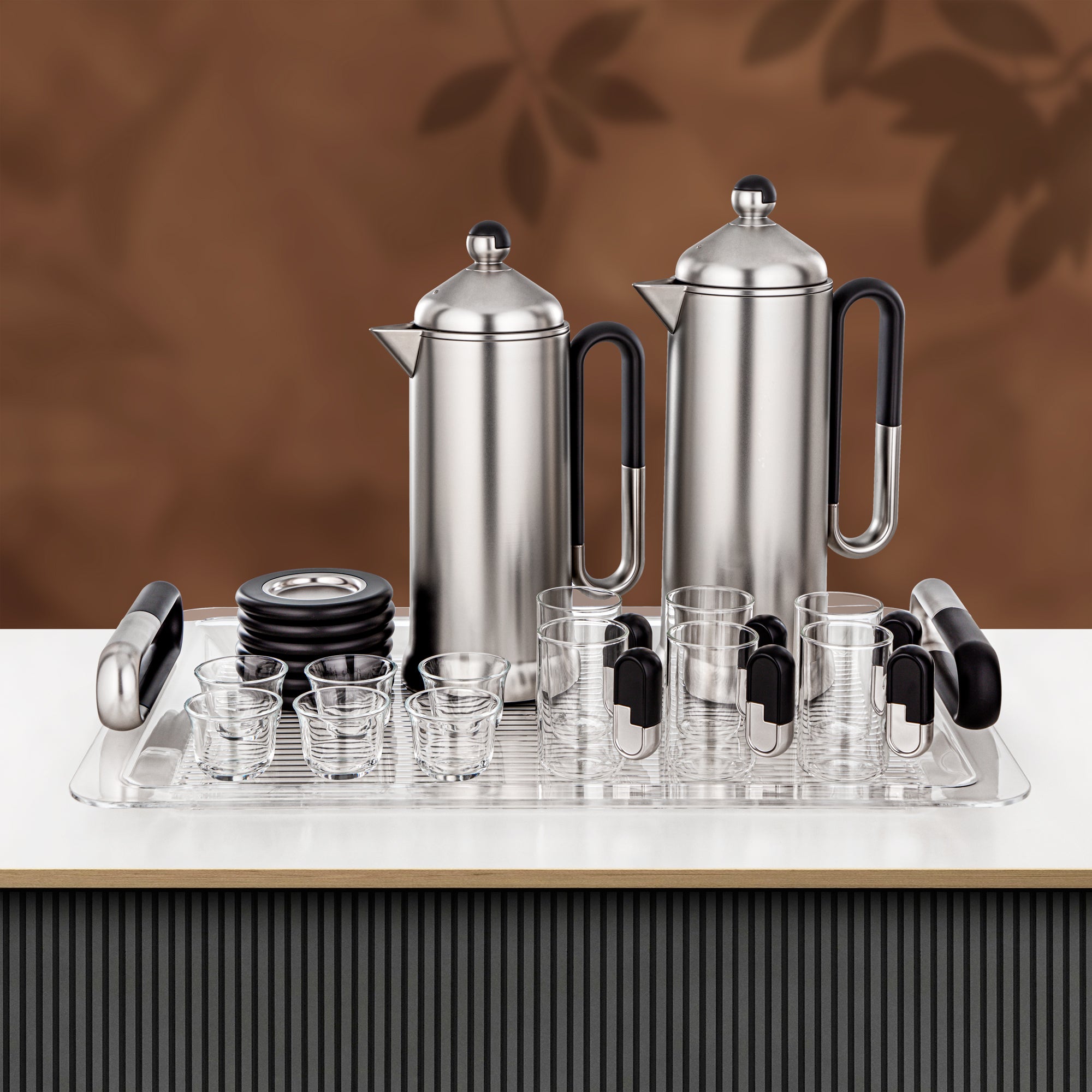Almarjan 21 Pieces Tea & Coffee Serving Set, Matt Nickel & Black