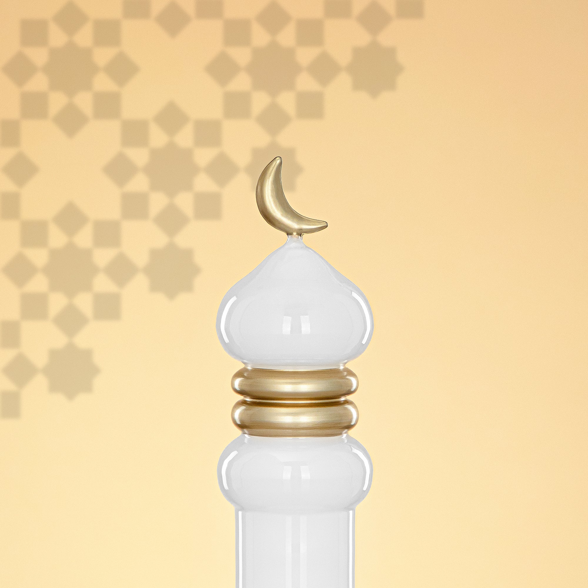 Almarjan Minaret Table Decoration 24cm x 8cm White with Golden Lines & Crescent Moon – Noor Al Layali