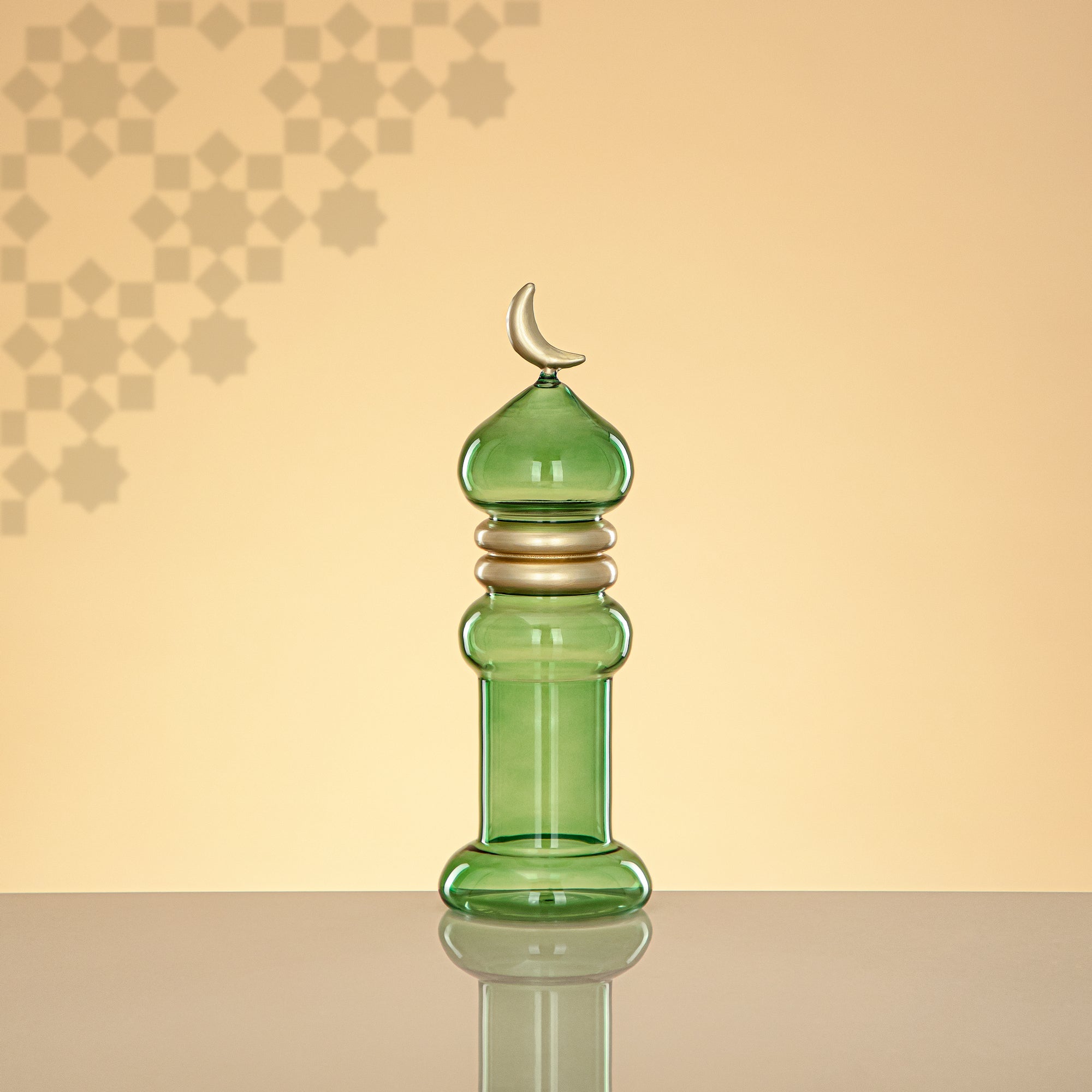 Almarjan Minaret Table Decoration 24cm x 8cm Transparent Green with Golden Lines & Crescent Moon – Noor Al Layali