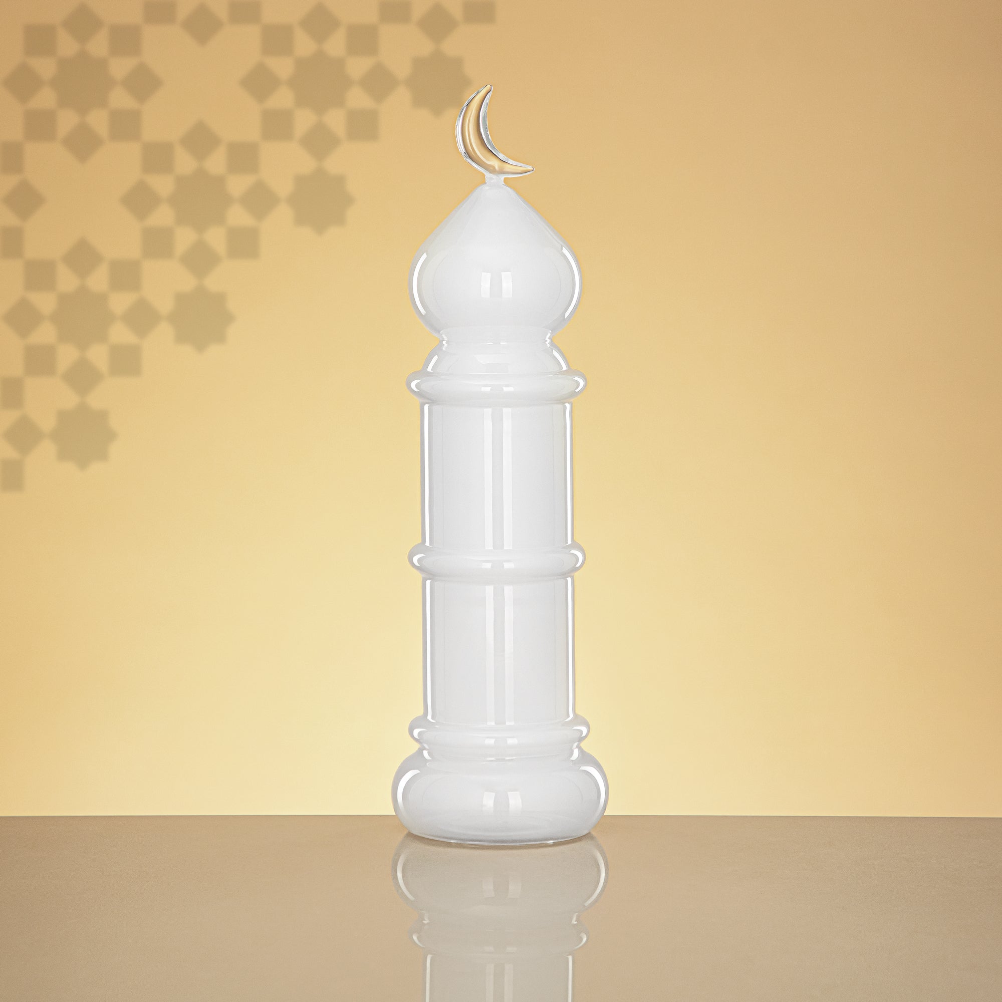 Almarjan Minaret Table Decoration 34cm x 10cm White with Clear Crescent Moon – Noor Al Layali