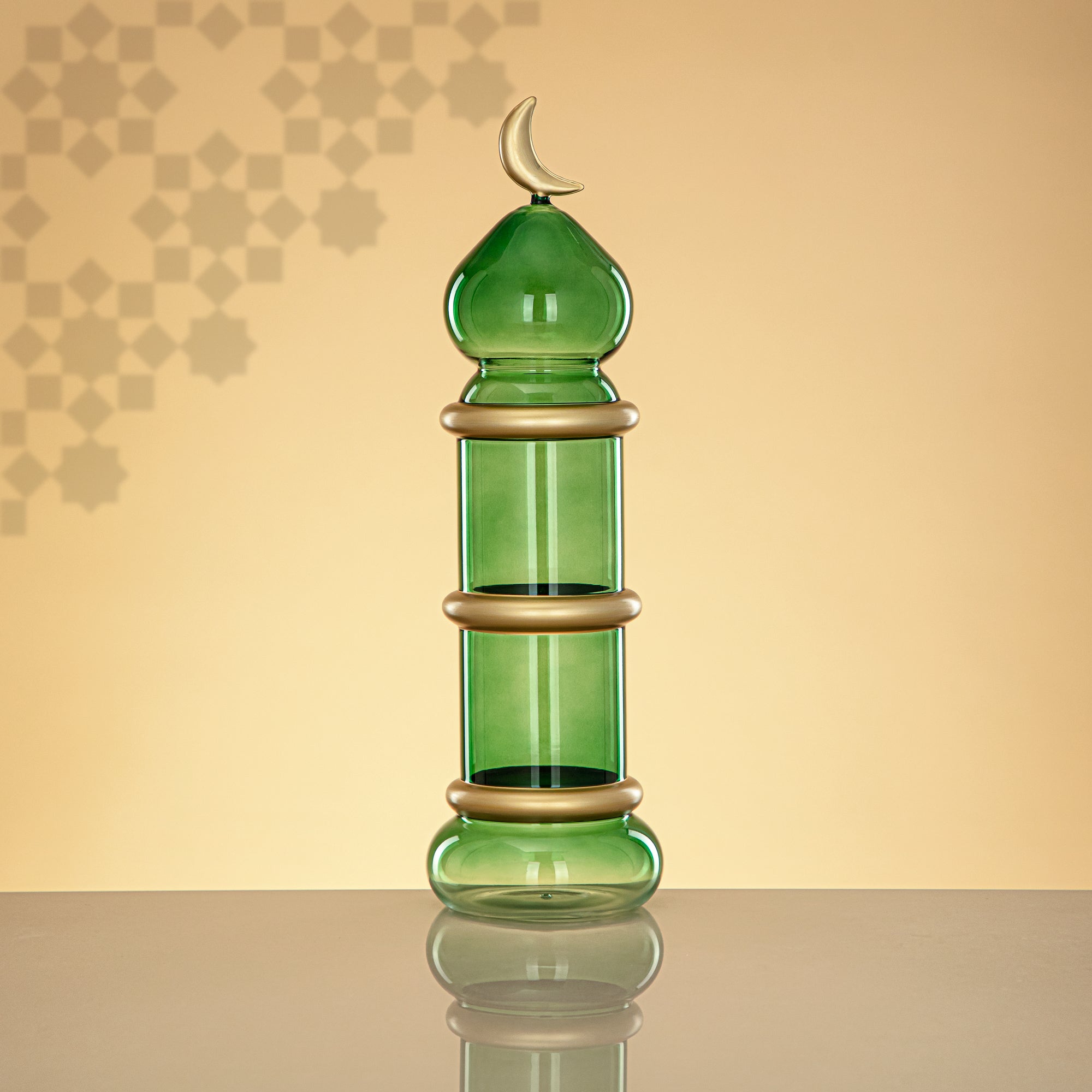 Almarjan Minaret Table Decoration 34cm x 10cm Transparent Green with Golden Lines & Crescent Moon – Noor Al Layali