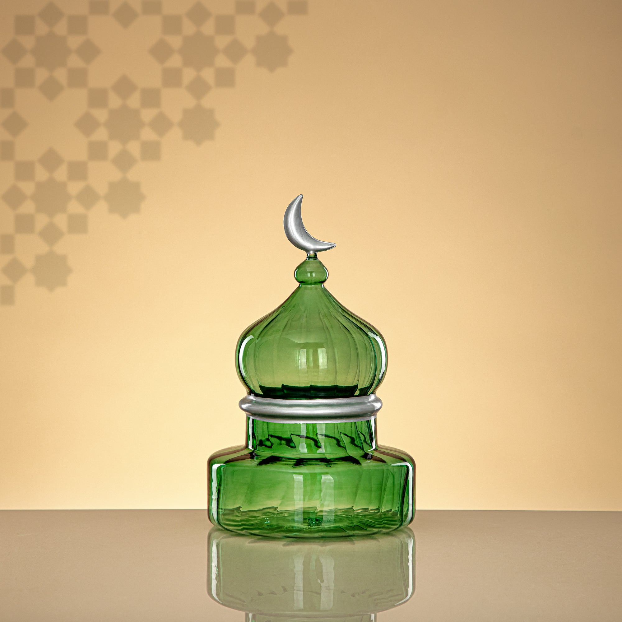 Almarjan Minaret Table Decoration 23cm x 15cm Transparent Green with Silver Lines & Crescent Moon – Noor Al Layali