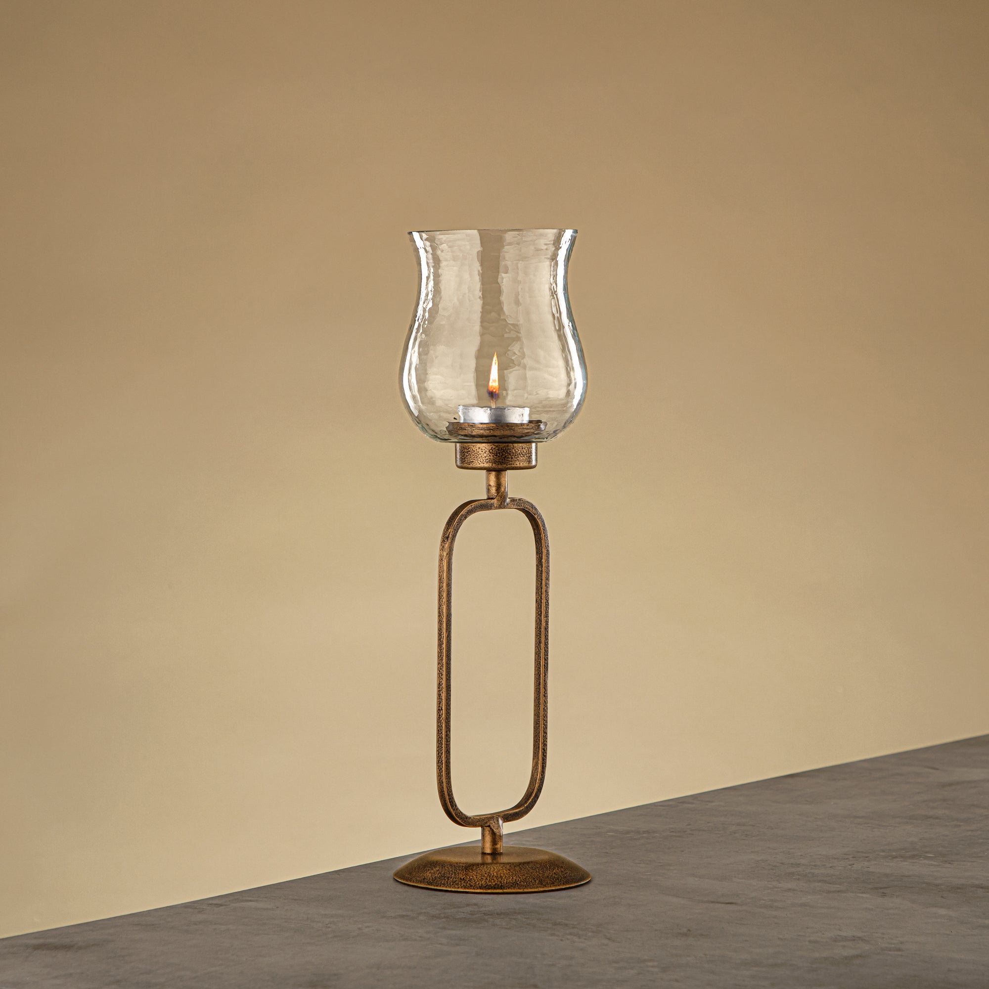 Almarjan Elemental Votive Holder Hammered Clear Glass 11x11x36 CM Antique Gold Stand (GMT2960011)