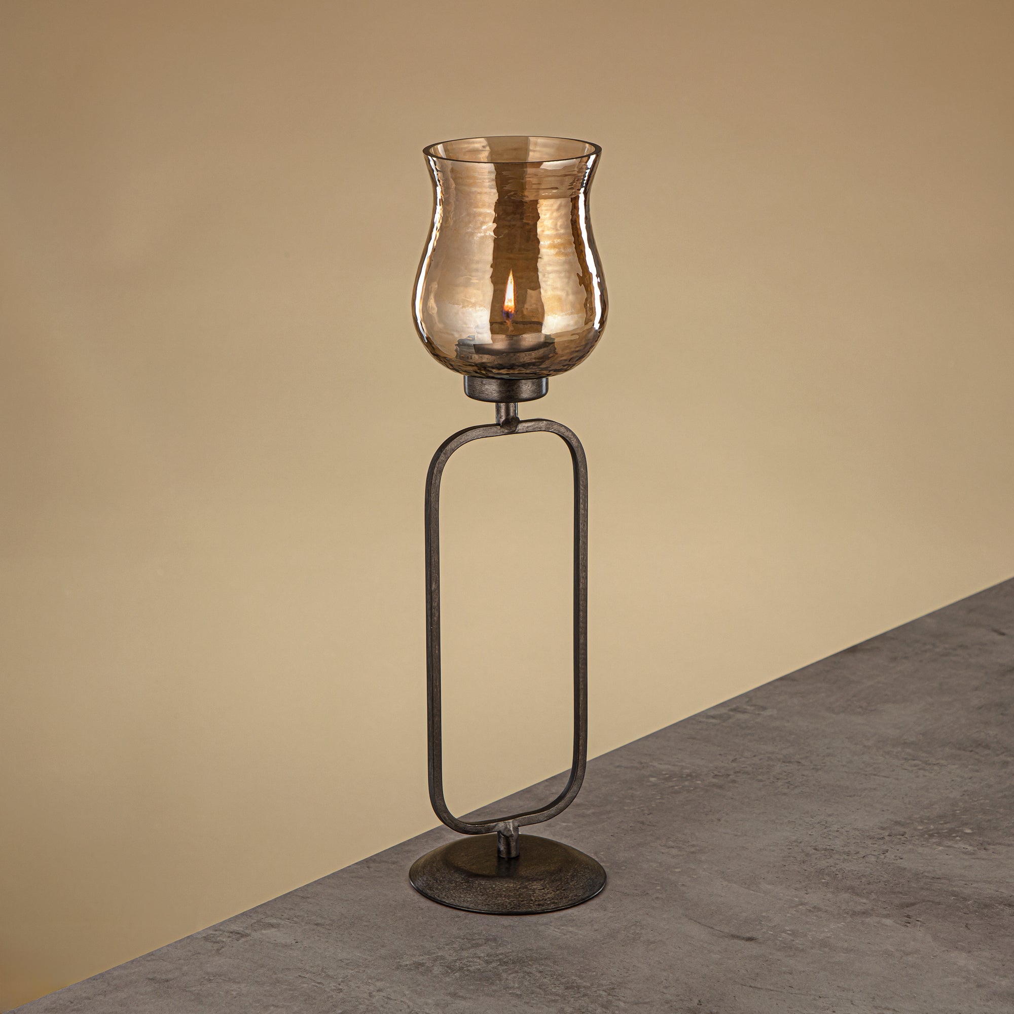 Almarjan Elemental Votive Holder Hammered Copper Brown Glass 11x11x41 CM Vintage Silver Stand (GMT2960014)