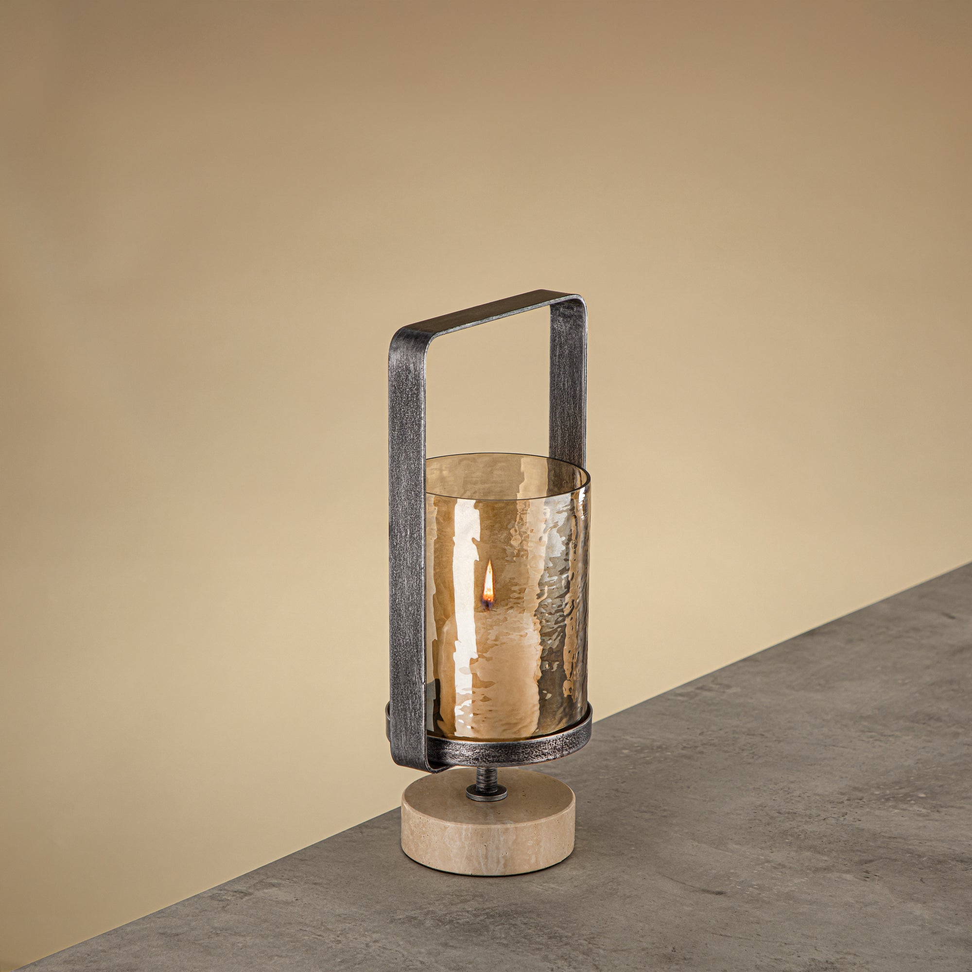 Almarjan Kalon Hurricane Lantern Hammered Copper Brown Glass 15.5x12.5x32.5 CM Brushed Grey & Travertine Base (GMT2960028)