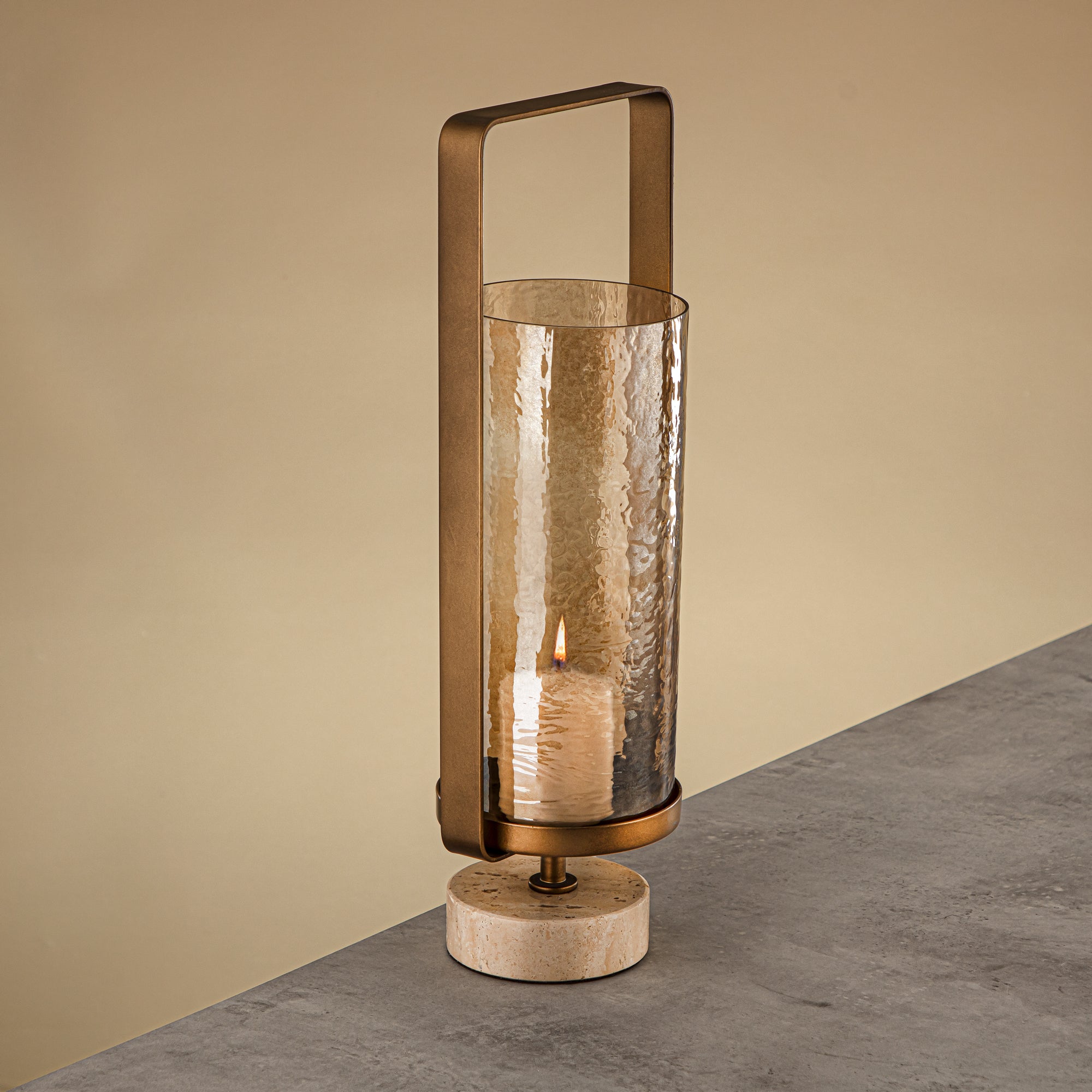 Almarjan Kalon Hurricane Lantern Hammered Copper Brown Glass 16x10.5x43.5 CM Brushed Gold & Travertine Base (GMT2960031)