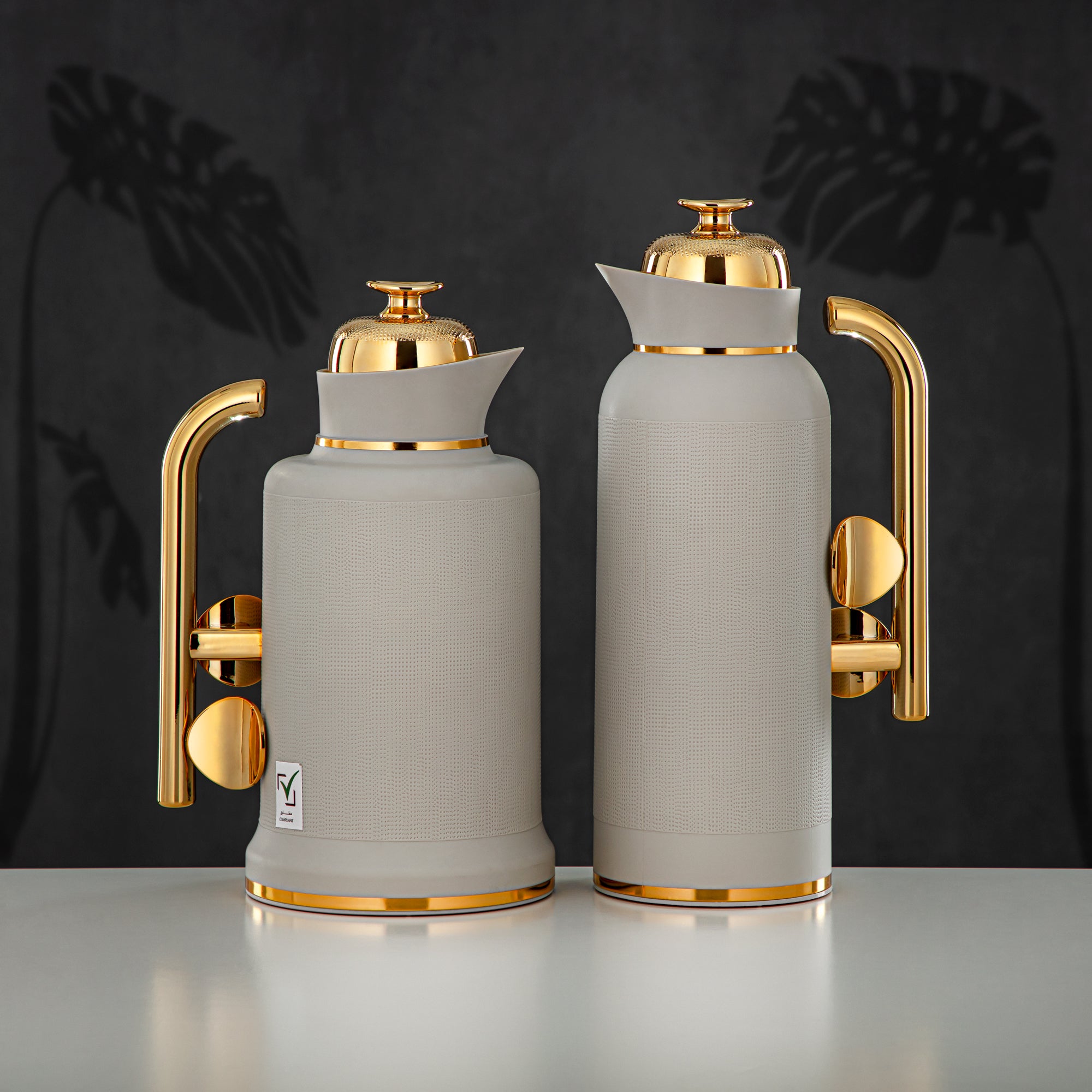 Almarjan Vacuum Flask Set, ABS, Push Button, 1L + 1L, Matt Grey & Gold (IZ-MLSGG) - Modern Elegance