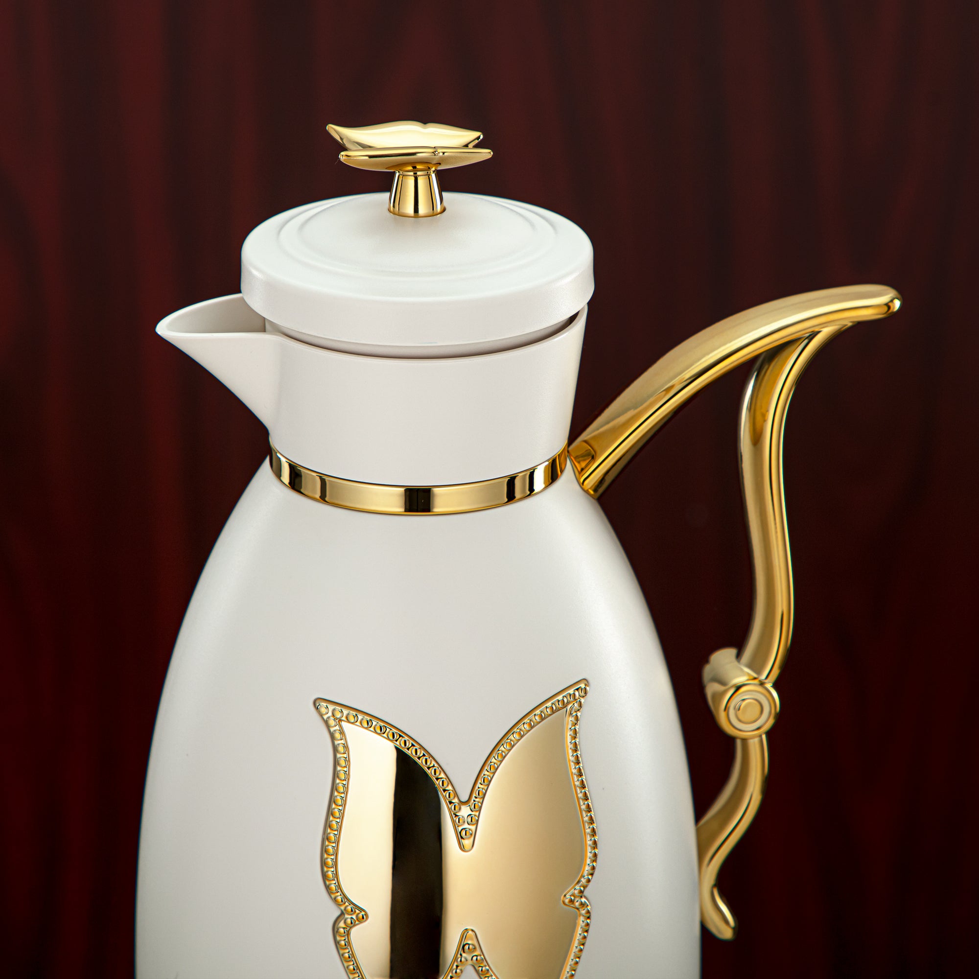 Almarjan Vacuum Flask Set Plastic Push Button 0.7L + 1L Ivory & Gold (SM-2C142-070/100 IV/G) - Tea & Coffee Flask