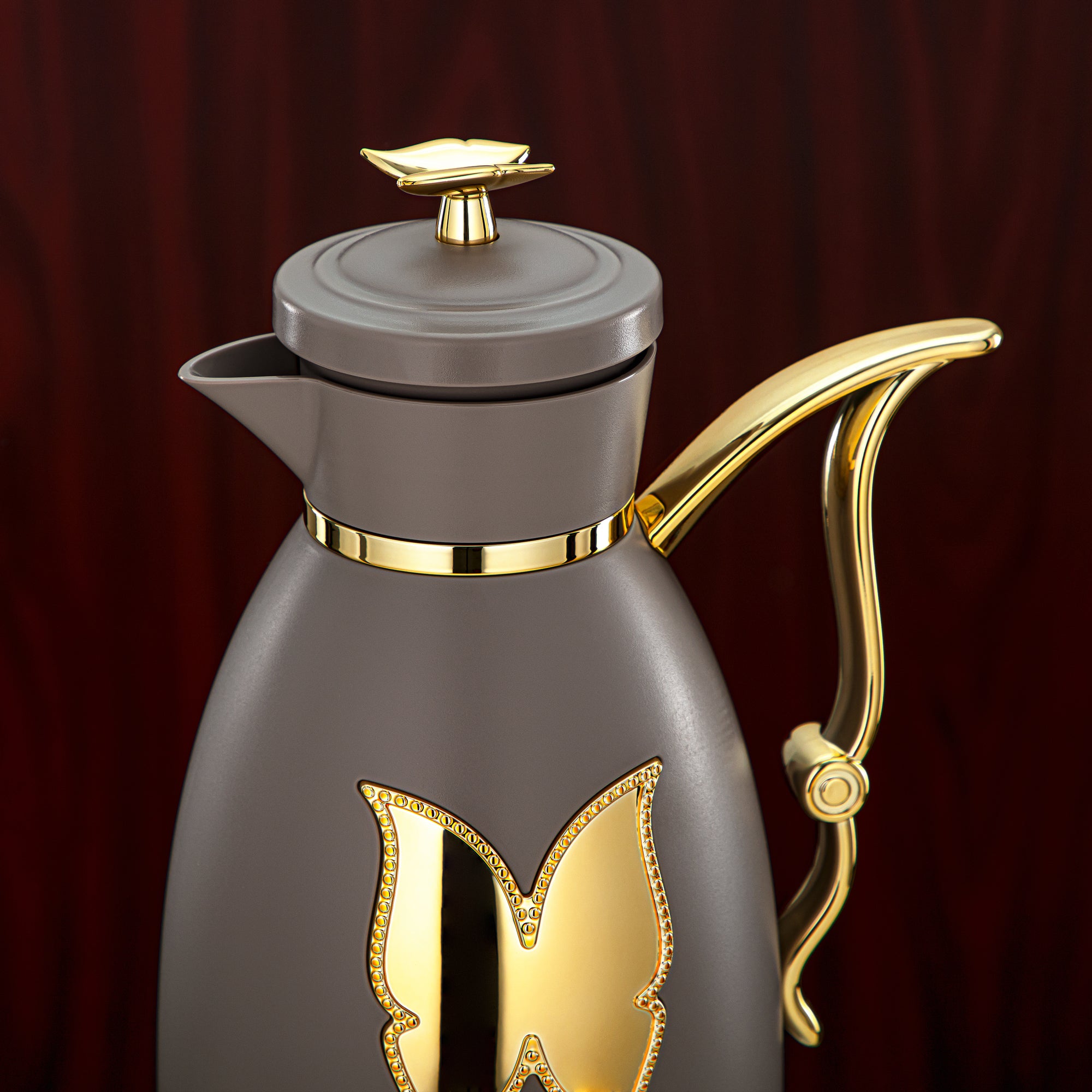 Almarjan Vacuum Flask Set Plastic Push Button 0.7L + 1L Coffee & Gold (SM-2C142-070/100 WG/G) - Tea & Coffee Flask