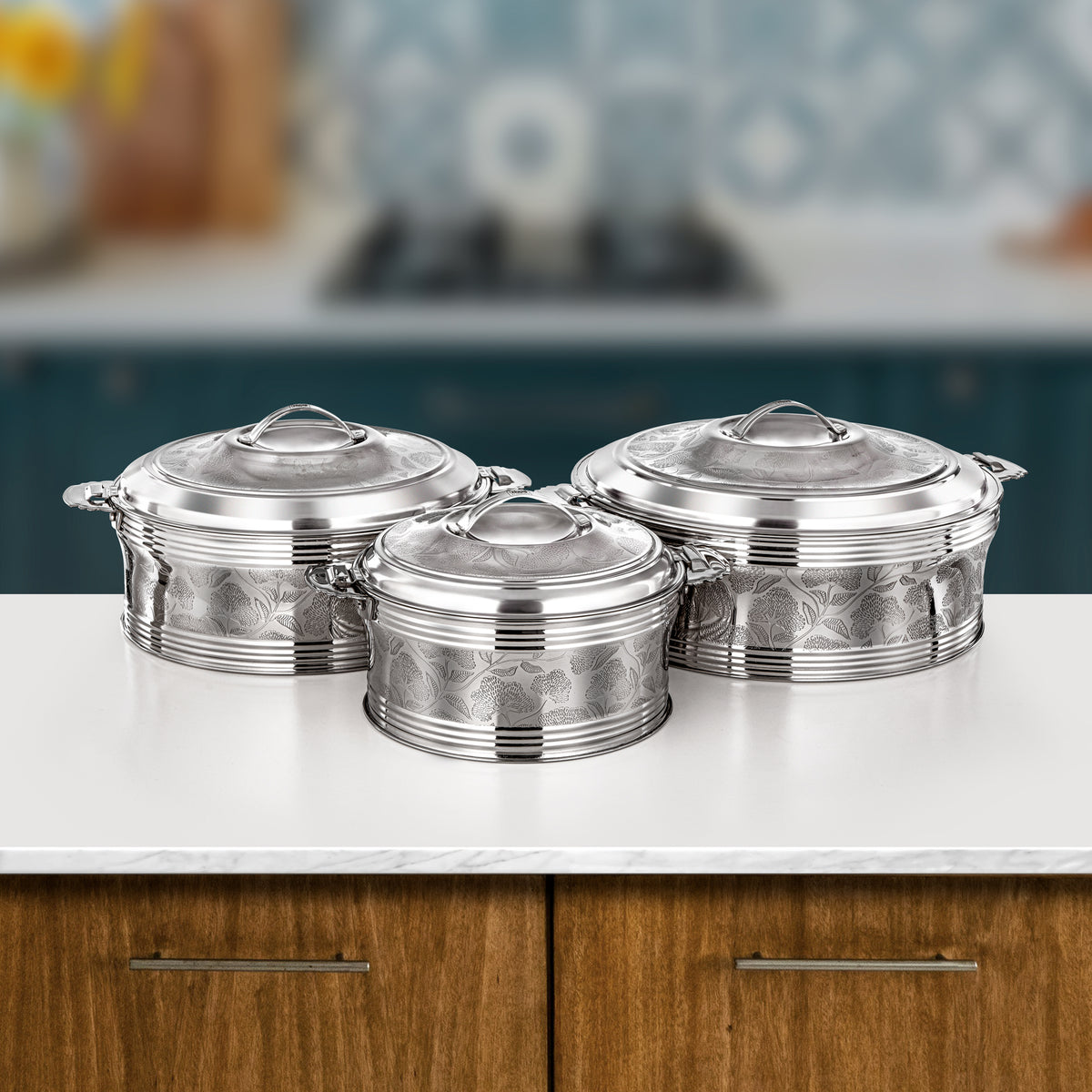 Almarjan 3 Pieces Sausan Hot Pot Set, Mirror Silver