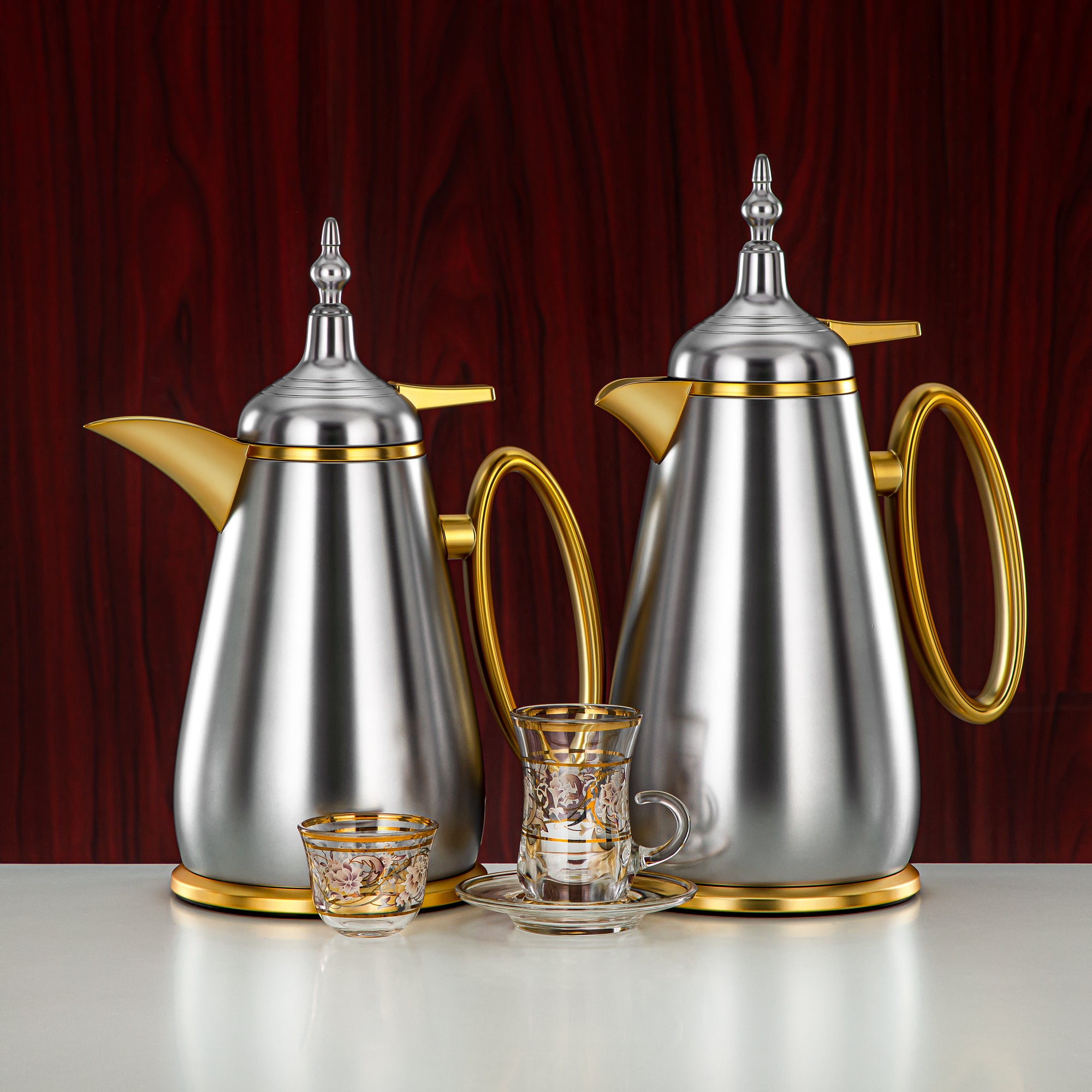 Almarjan Vacuum Flask & Tea Set Matt Silver & Matt Gold 20-Piece (UOP-A0700/B1000E23E22 + 18PCS SET-ZQDL) – Elegant Serving | Ramadan & Gatherings