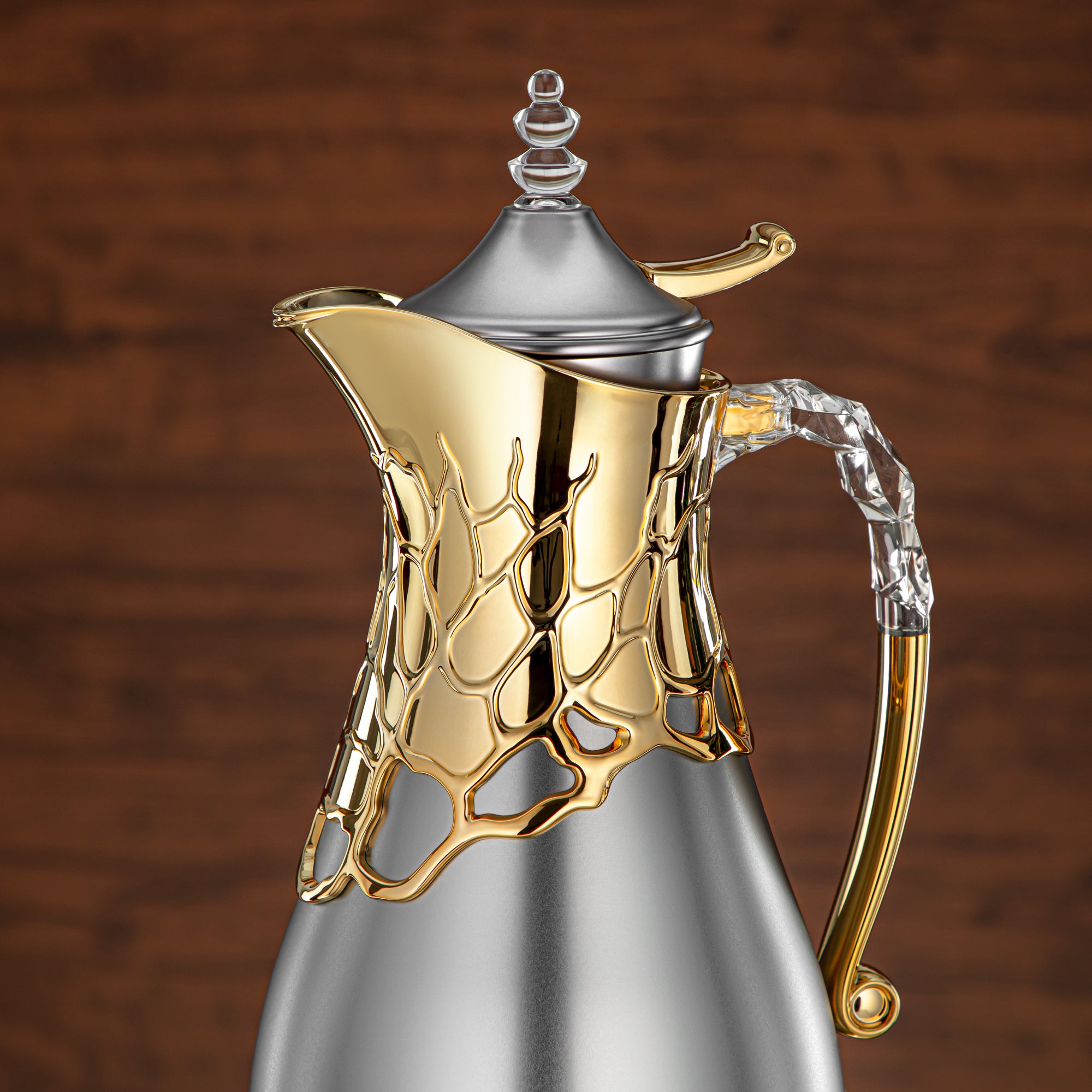 Almarjan Vacuum Flask Set Metal Body 0.7L & 1L ABS & Acrylic Handle (VBC-0700/1000 E23C95) – Matte Silver & Gold Tea & Coffee Serving