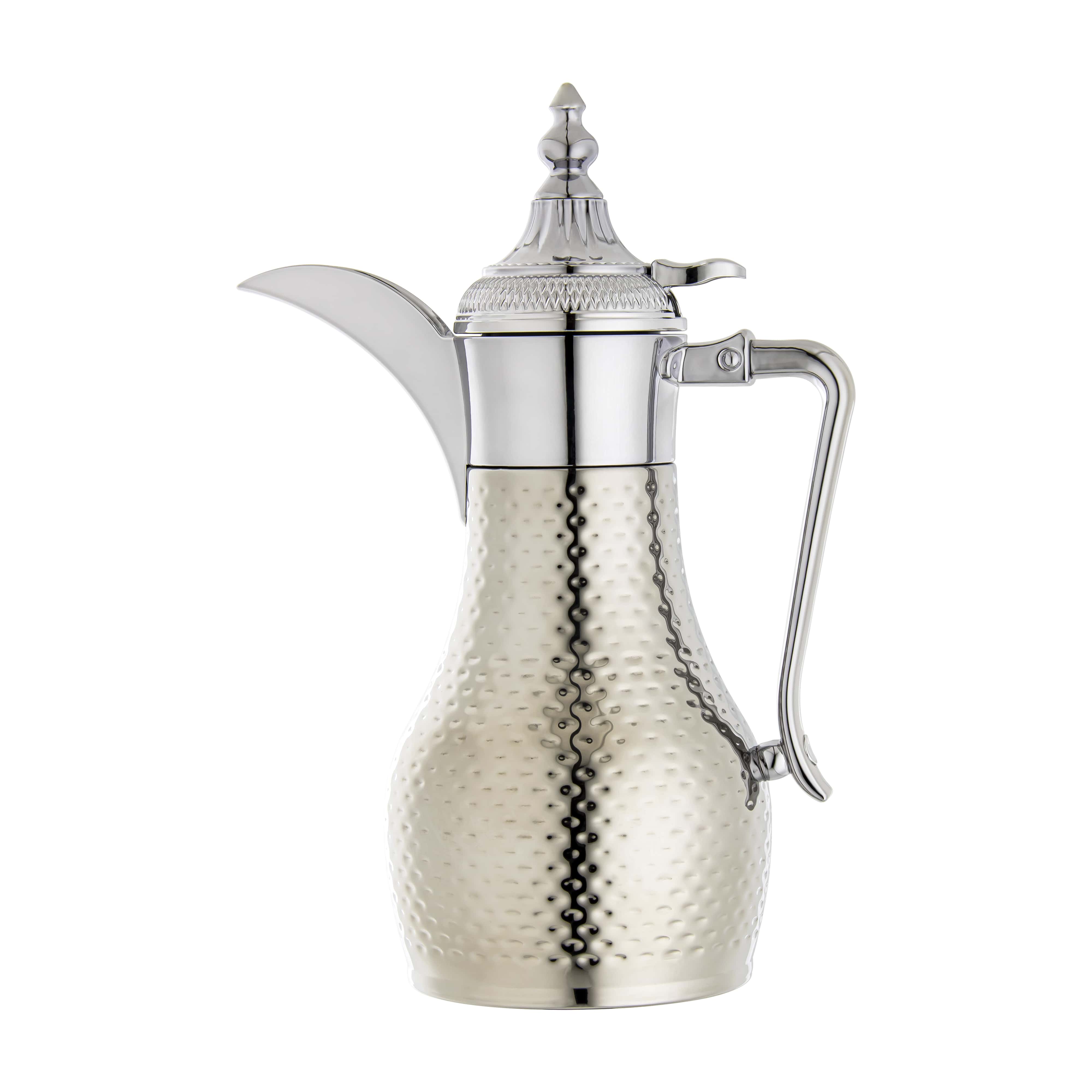 ALMARJAN Stainless Steel Double Wall Hammered Collection Vacuum Dallah Silver 0.6 Liter SUD-H-060-CR