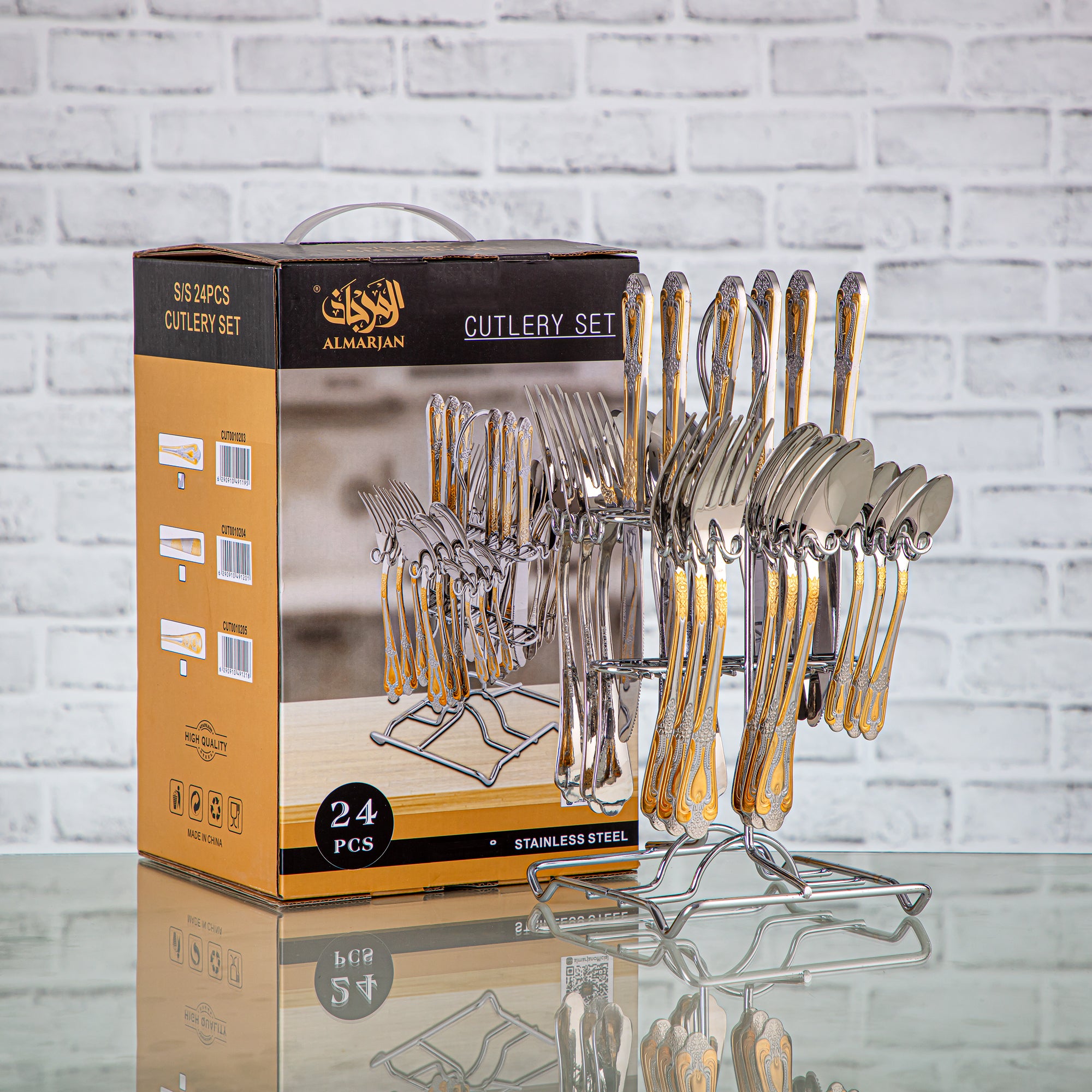 Almarjan 24 Pieces Stainless Steel Cutlery Set With Holder Silver & Gold - CUT0010203