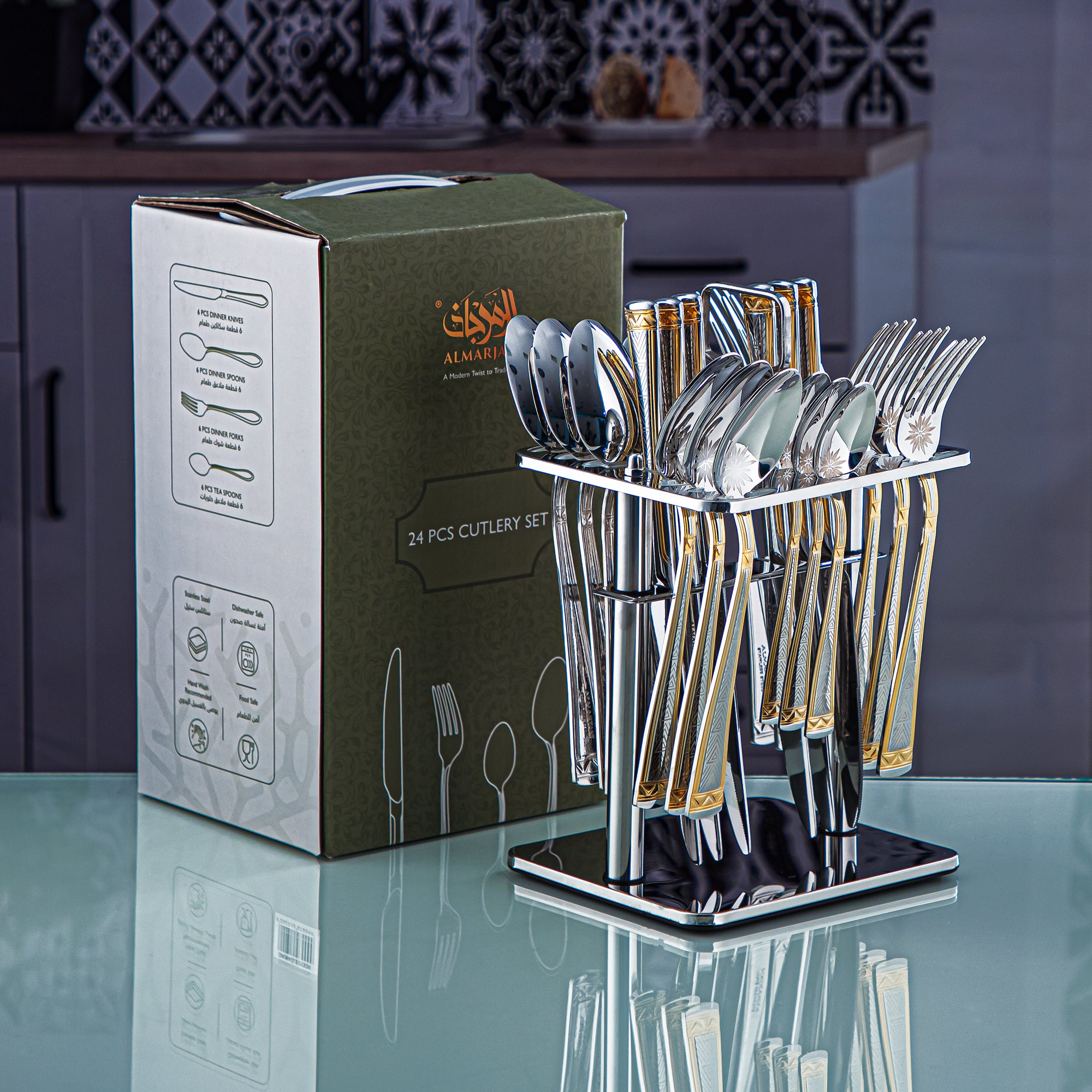 Almarjan 24 Pieces Stainless Steel Cutlery Set With Holder Silver & Gold - DA004GLE013/24