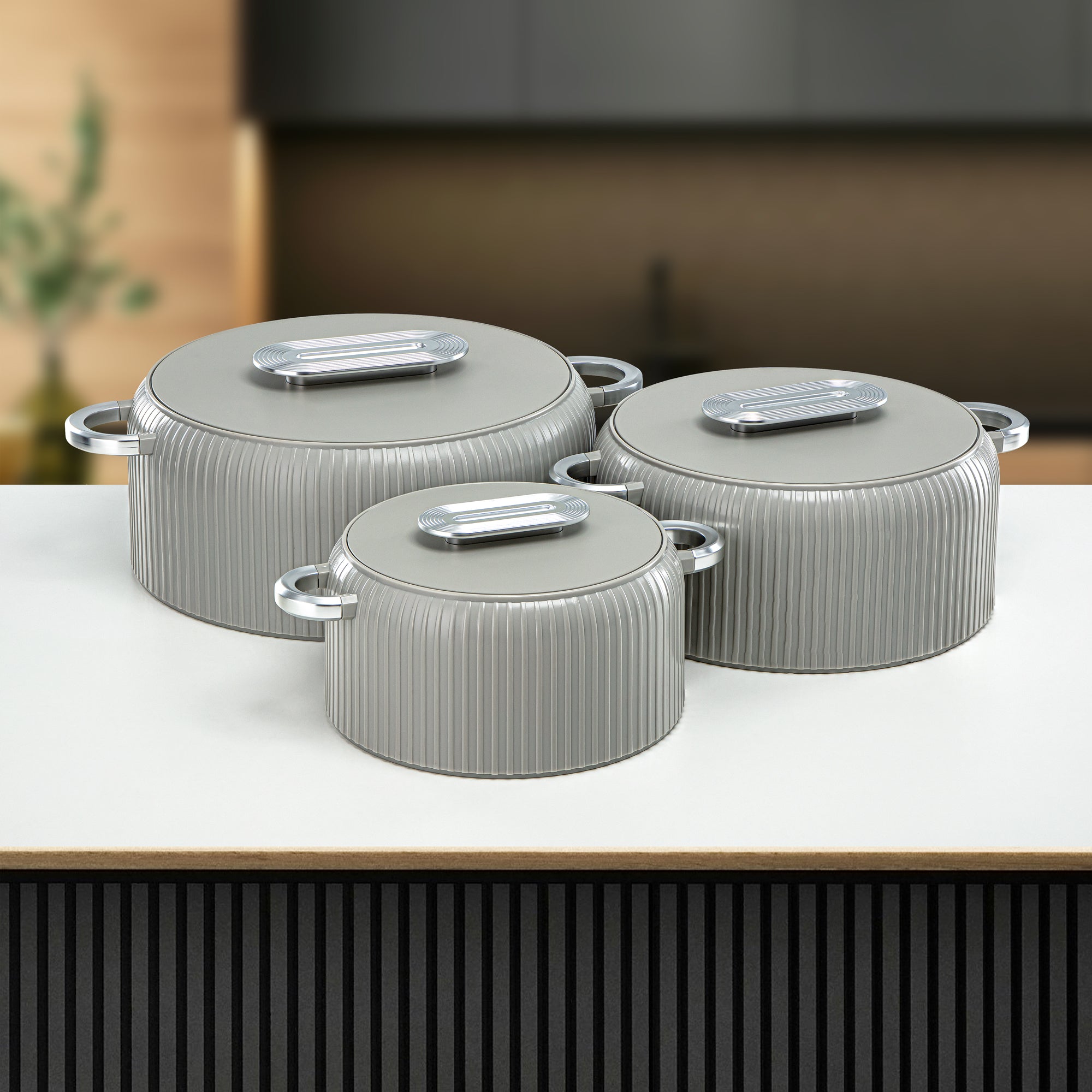 Almarjan Hot Pot Plastic, Set of 3 Pieces, Soft Grey & Silver, 2000ML + 4000ML + 6500ML (EK-200/400/650 MSG/MC) Ramadan Serveware