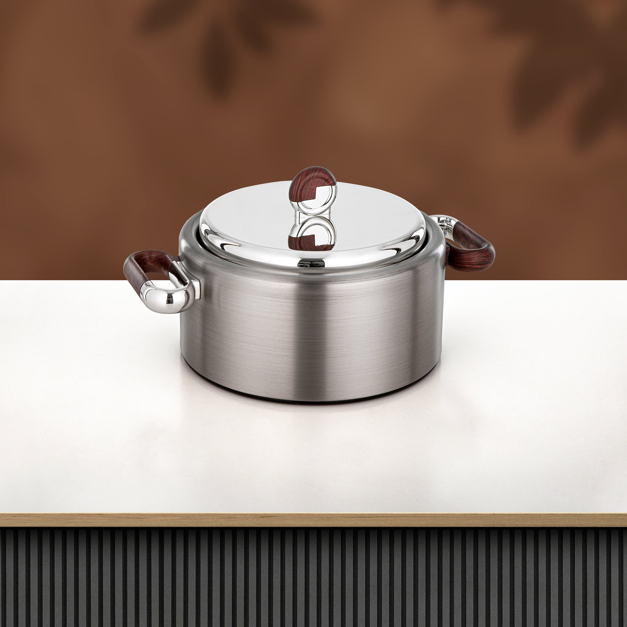 Almarjan 2 Pieces Hot Pot Set, Brushed Matt Silver & Dark Wood