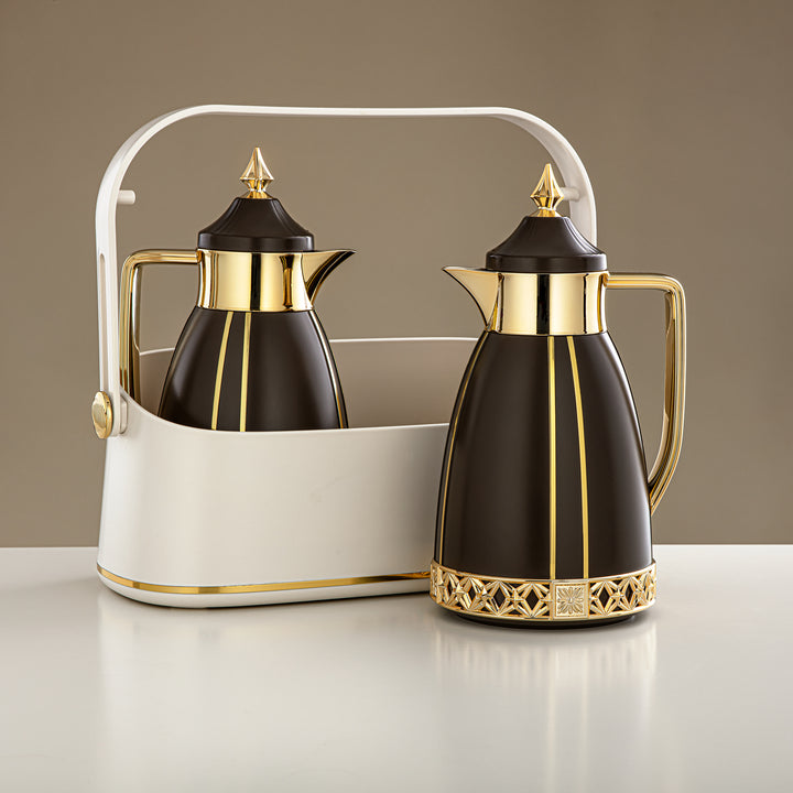 Almarjan 2 Pieces Vacuum Flask Set With Carrying Basket Brown & Gold - FB208-05 BR/G