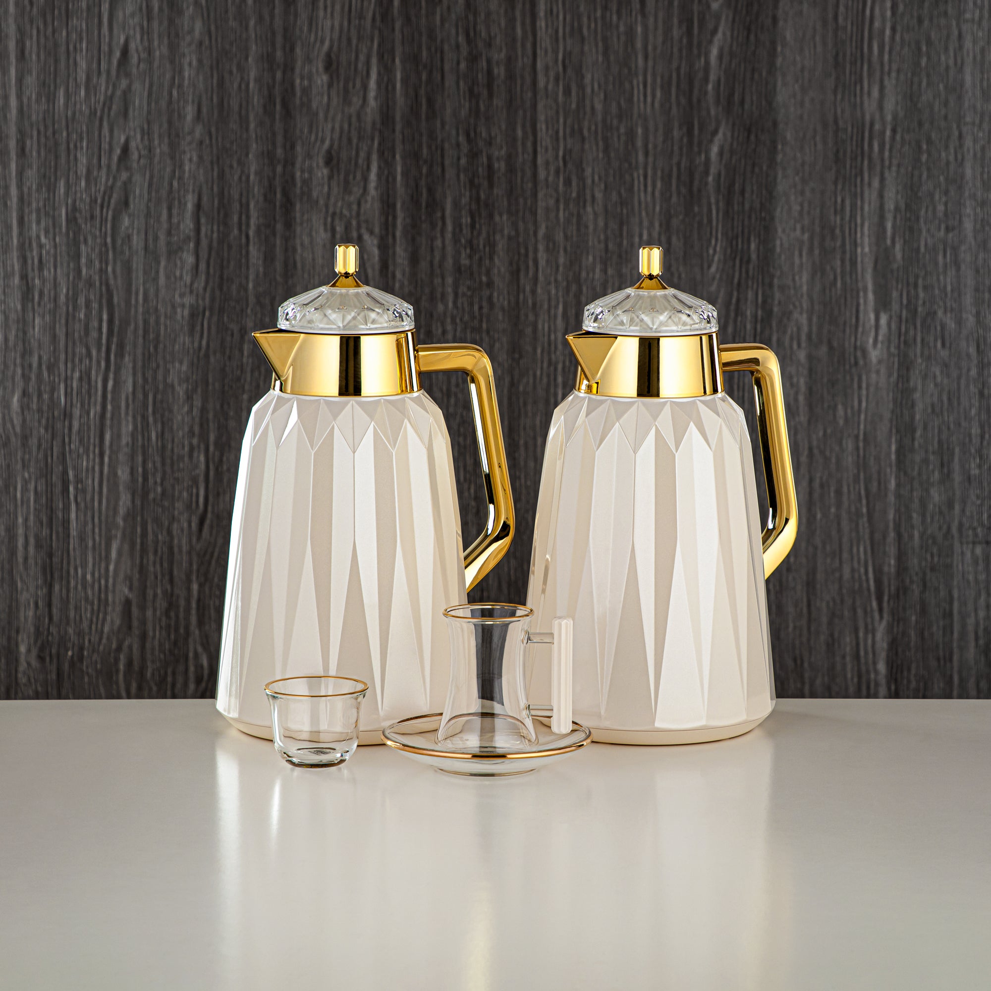 Almarjan Vacuum Flask Set 21 Pieces, Pearl White & Gold, ABS 1L & 1L (FB209-21 PW/G) - Arabic Coffee & Tea, Ramadan & Eid