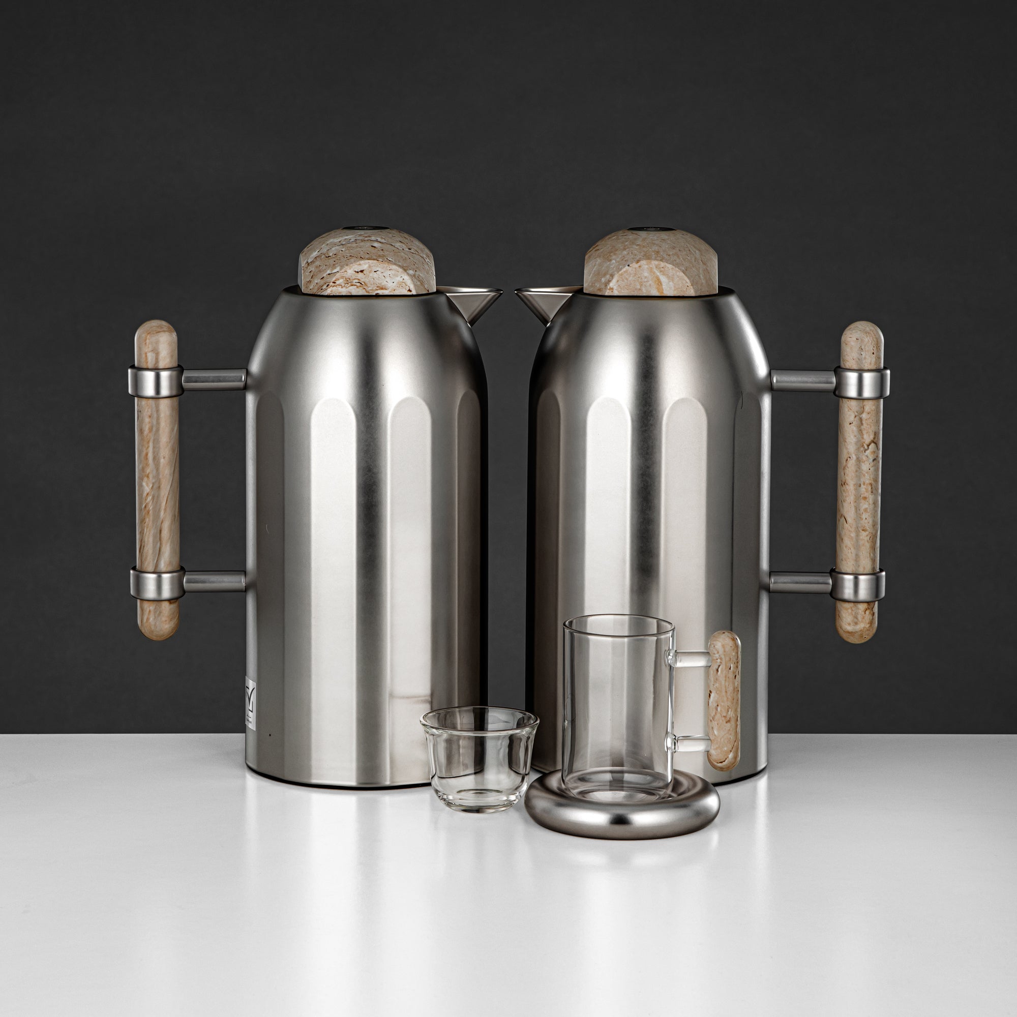 Almarjan Vacuum Flask Set 21-Piece Matt Nickel with Travertine Handle & Cover 1L + 1L (FG211-21 MNI/TM) – Complete Serving | Ramadan & Gatherings