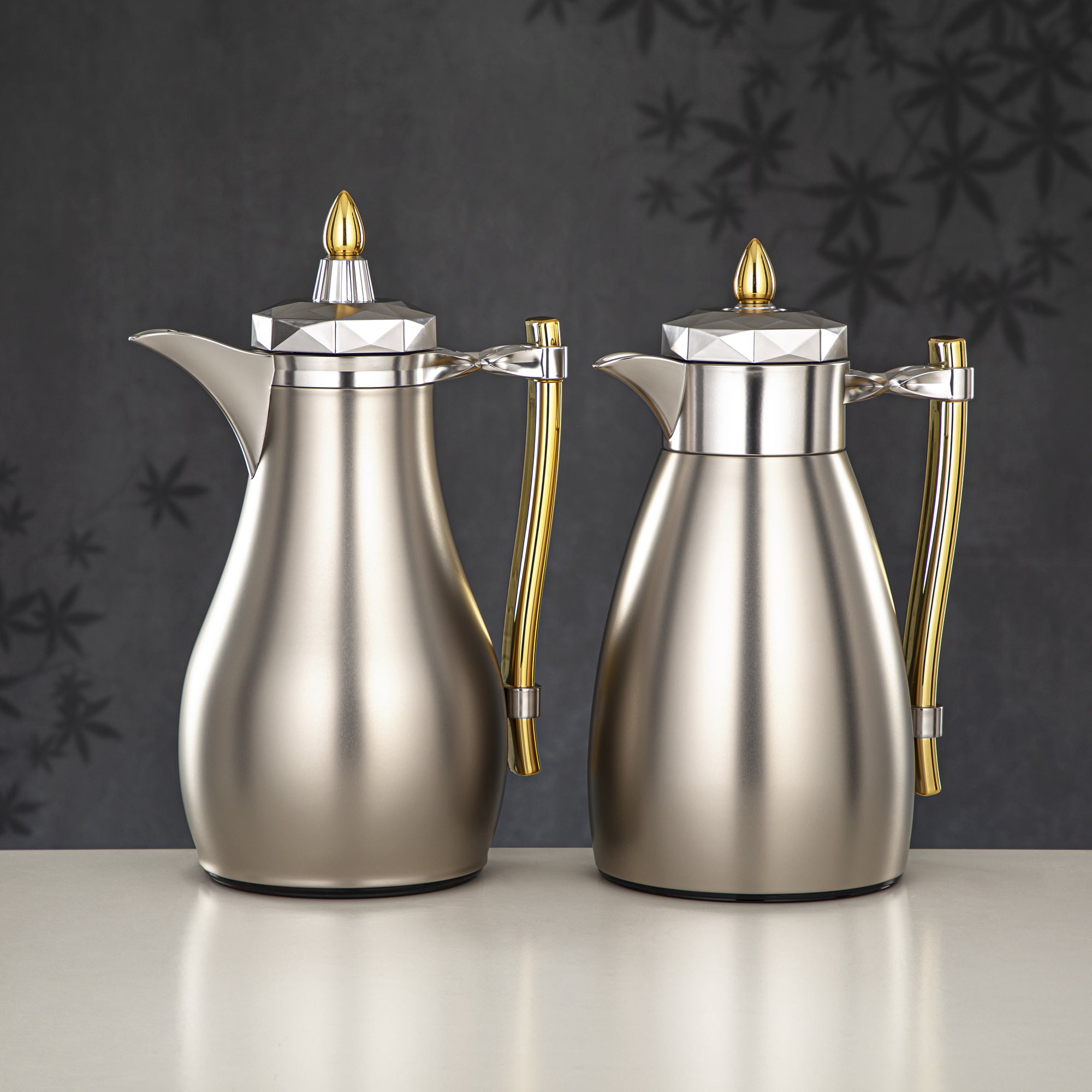 Almarjan Vacuum Flask Set, Push Button - 1L + 1L, Matt Silver & Gold (FG806AB-100 MC/G) - Tea & Coffee Tradition