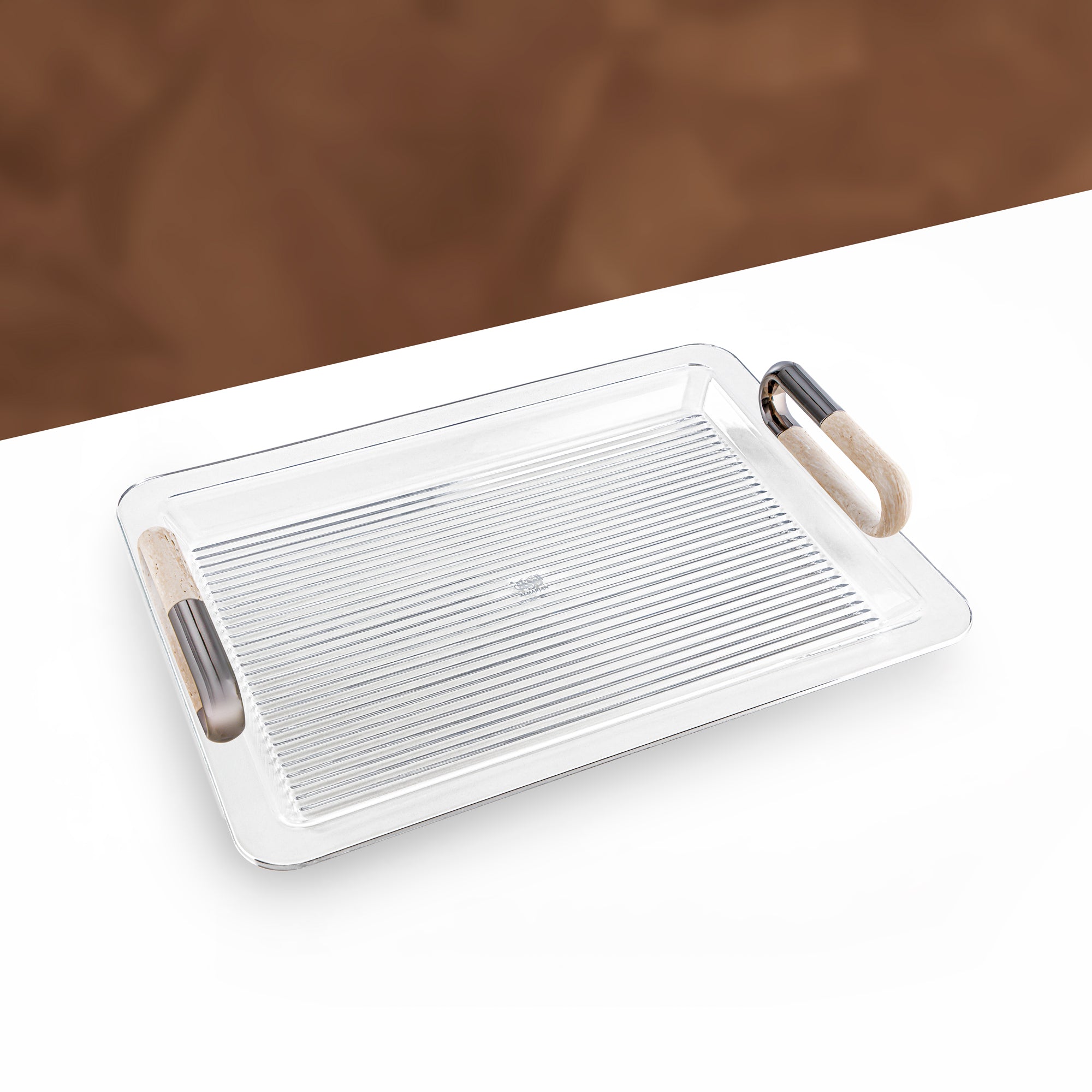 Almarjan 50 cm Acrylic Serving Tray, Gun Black & Travertine Marble
