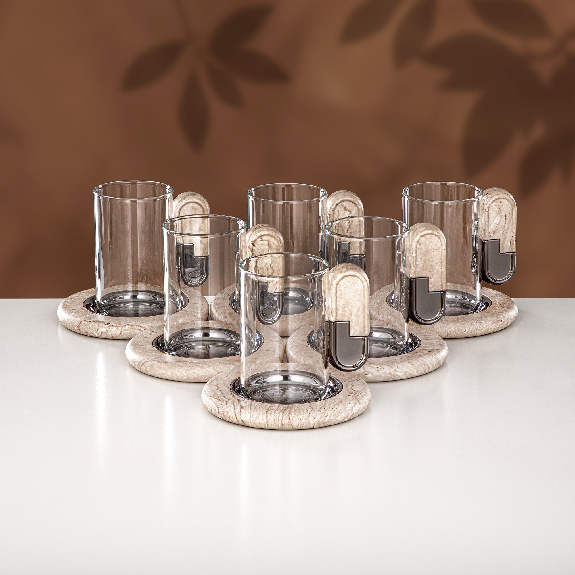 Almarjan 18 Pieces Tea & Coffee Set, Gun Black & Travertine Marble
