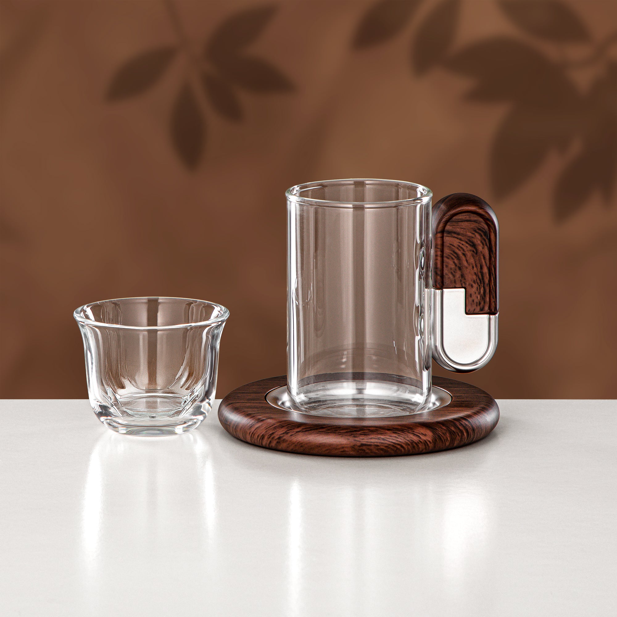 Almarjan 18 Pieces Tea & Coffee Set, Matt Nickel & Dark Wood