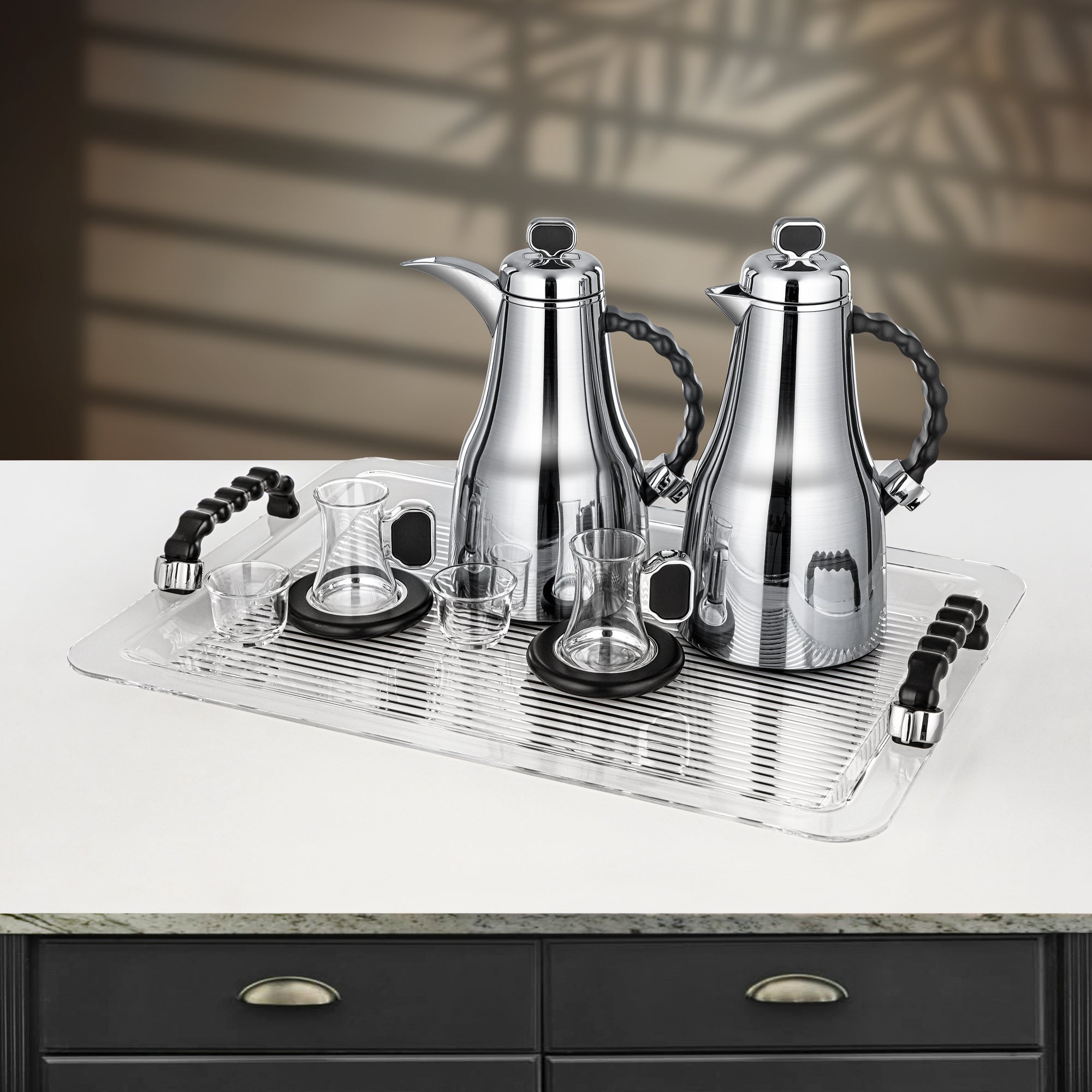 Almarjan 21 Pieces Tea & Coffee Set, Brushed Silver & Black