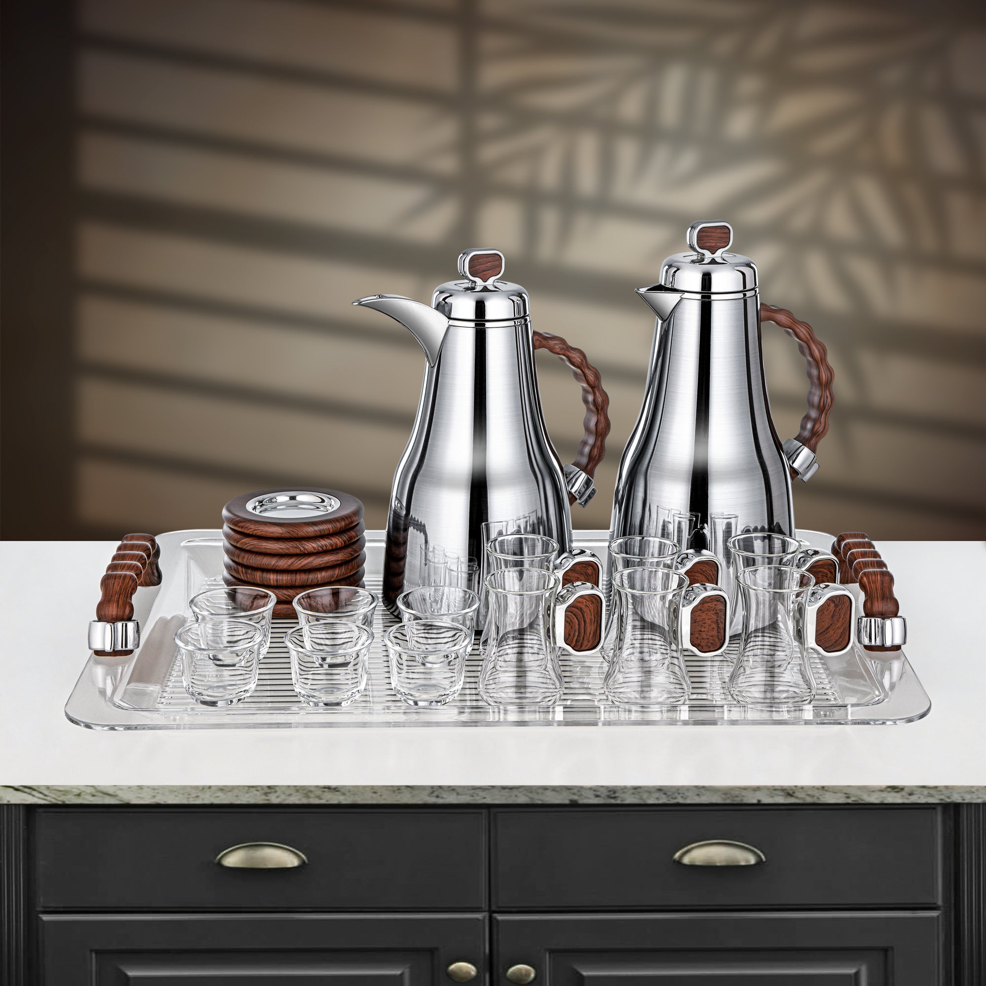 Almarjan 21 Pieces Tea & Coffee Set, Brushed Silver & Dark Wood