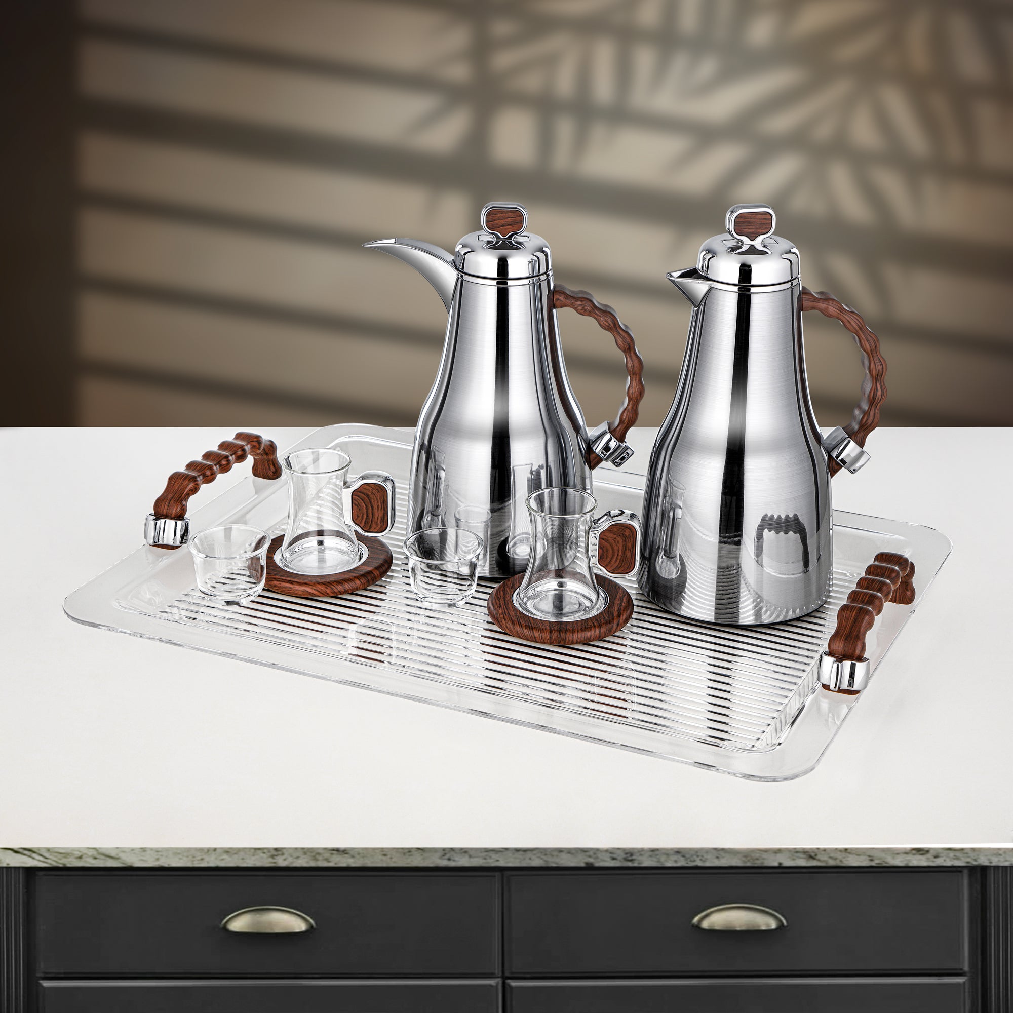 Almarjan 21 Pieces Tea & Coffee Set, Brushed Silver & Dark Wood