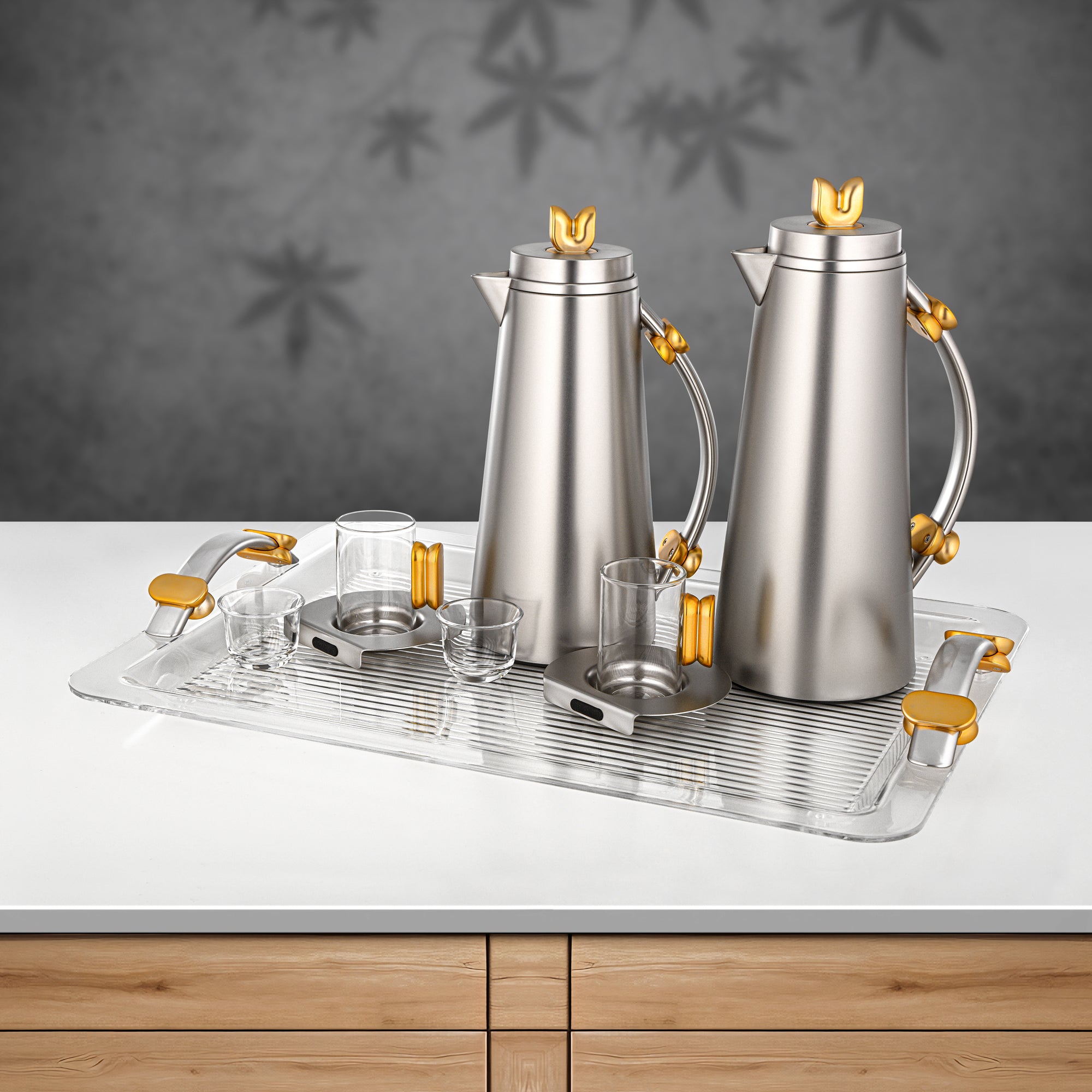 Almarjan 21 Pieces Tea & Coffee Set, Matt Nickel & Matt Gold