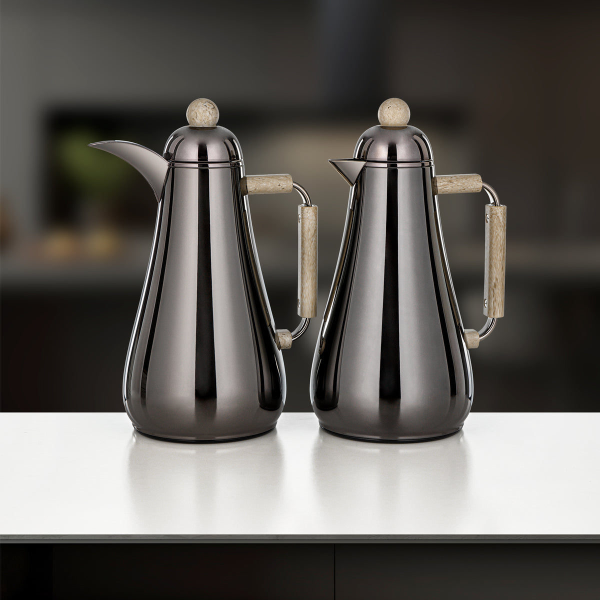 Almarjan 2 Pieces Vacuum Flask Set, Gun Black & Travertine Marble