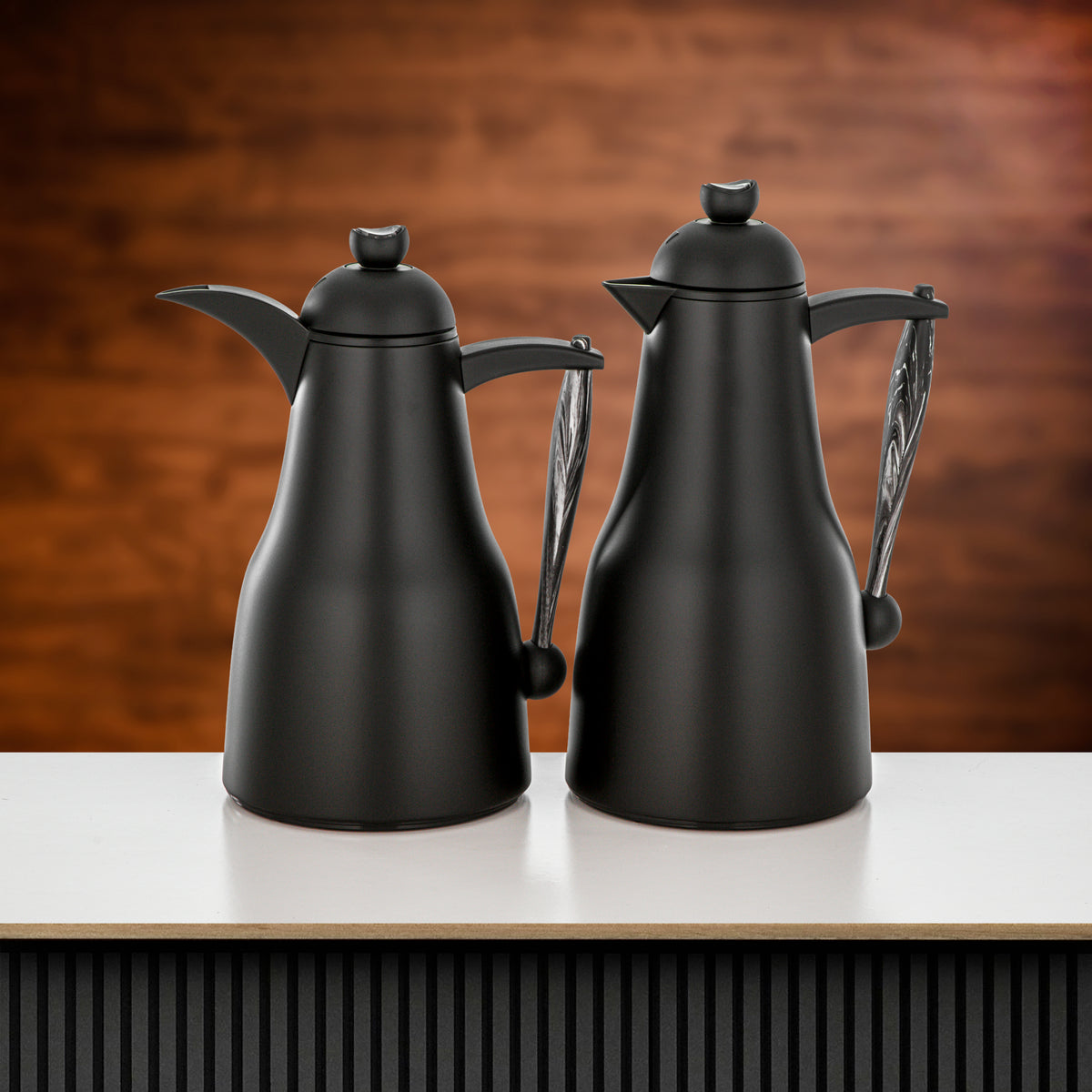 Almarjan 2 Pieces Vacuum Flask Set, Matt Black & Black Marble