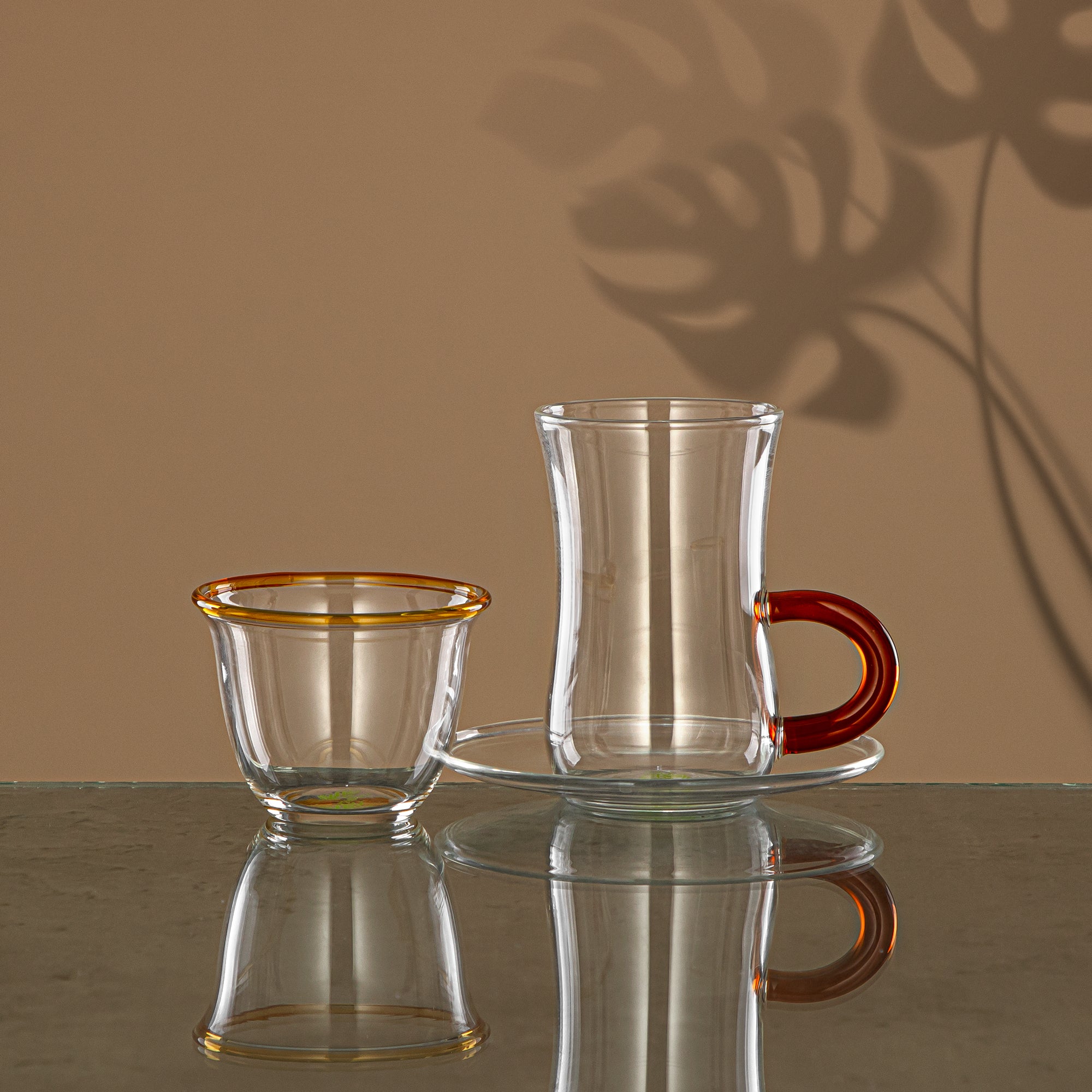 Almarjan Tea & Coffee Set 18 Pieces, Borosilicate Glass, Clear & Amber (GLS0010112) - Serving Tea & Coffee