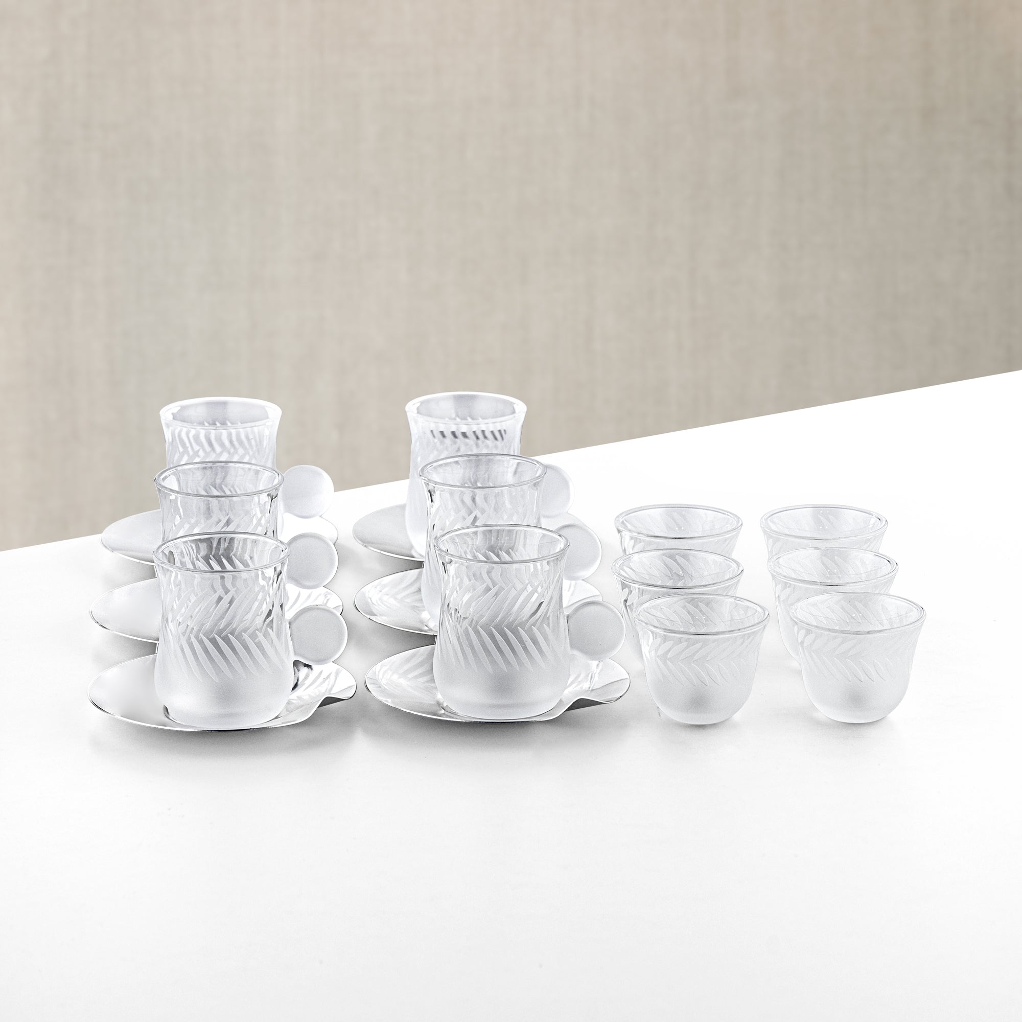 Almarjan Tea & Arabic Coffee Set 18 Pieces Frosted Glass & Silver Stainless Steel