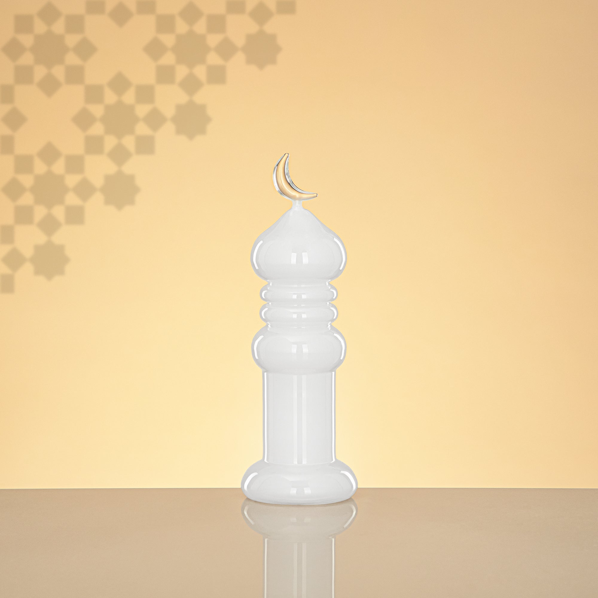 Almarjan Minaret Table Decoration 24cm x 8cm White with Clear Crescent Moon – Noor Al Layali