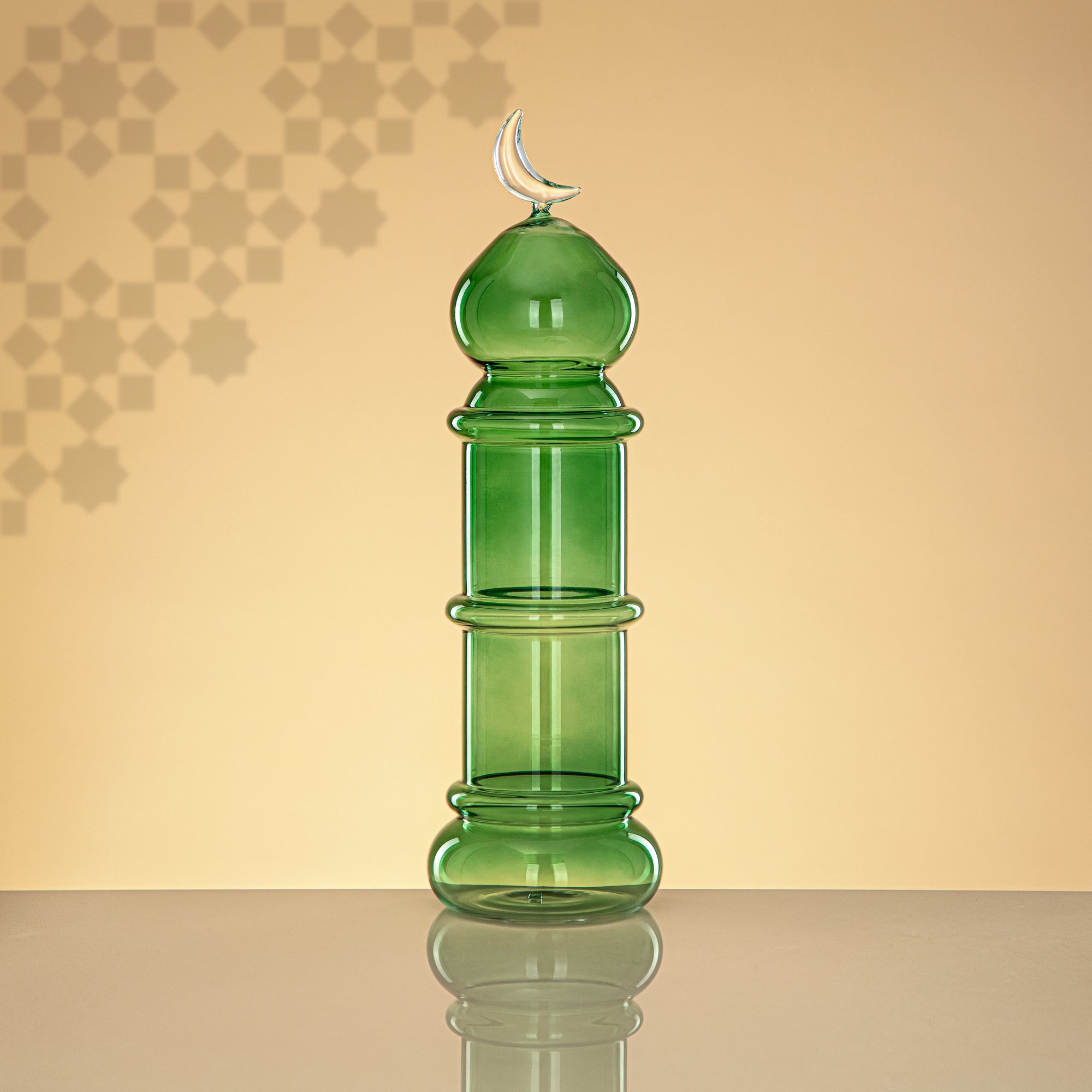 Almarjan Minaret Table Decoration 34cm x 10cm Transparent Green with Clear Crescent Moon – Noor Al Layali
