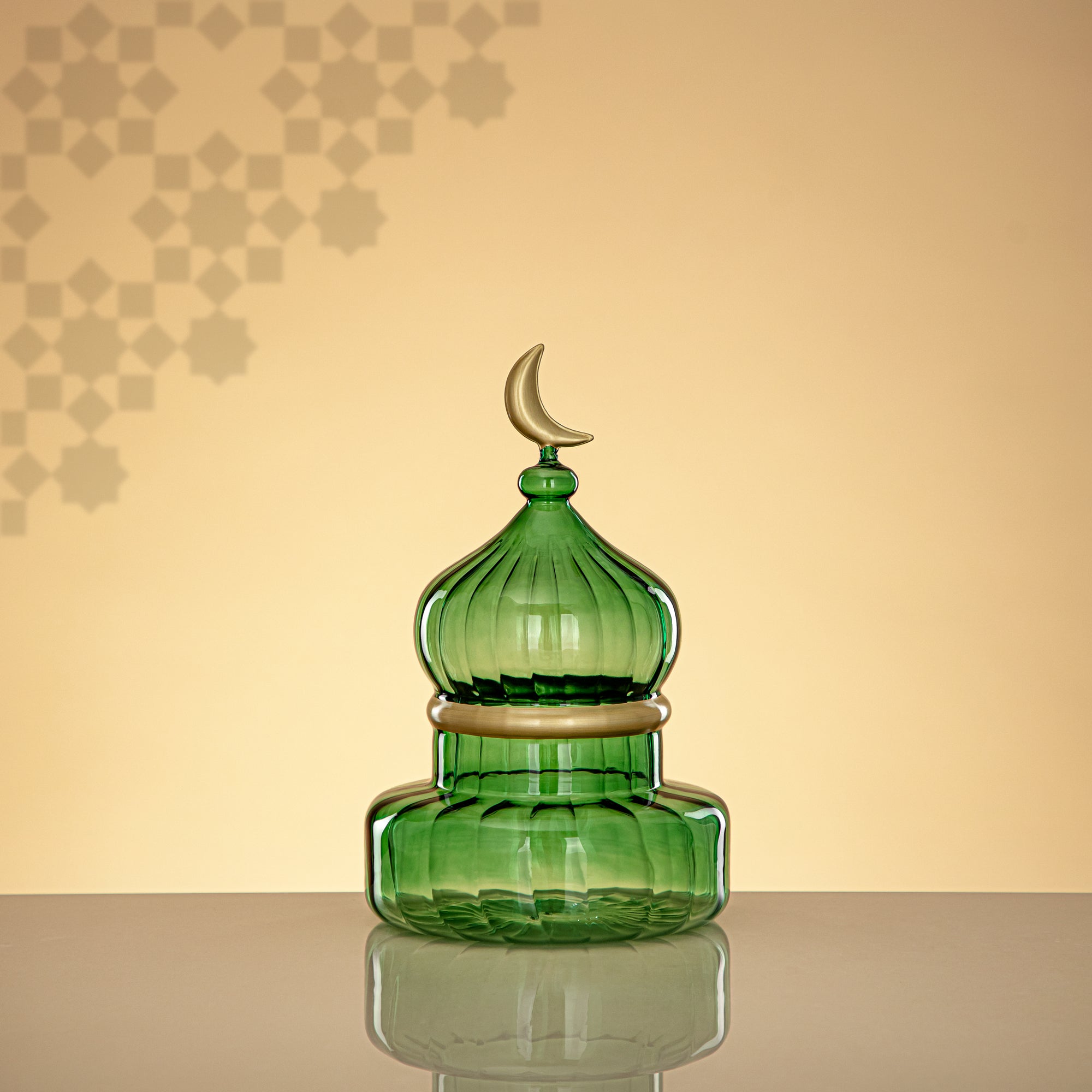 Almarjan Minaret Table Decoration 23cm x 15cm Transparent Green with Golden Lines & Crescent Moon – Noor Al Layali