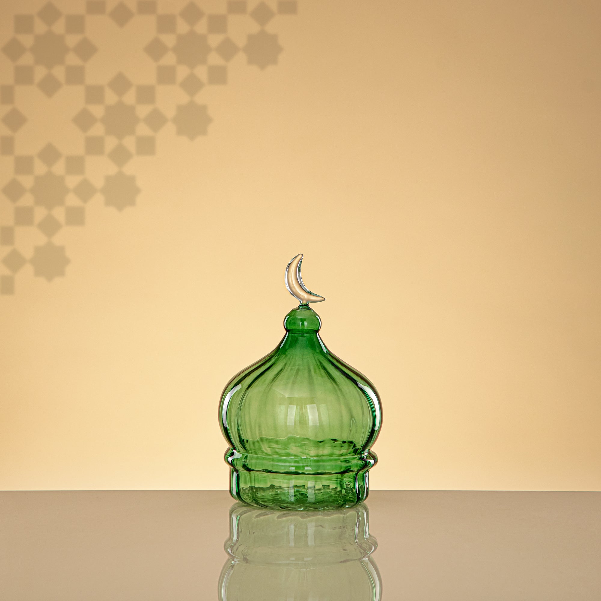 Almarjan Minaret Table Decoration 17cm x 11cm Transparent Green with Clear Crescent Moon – Noor Al Layali