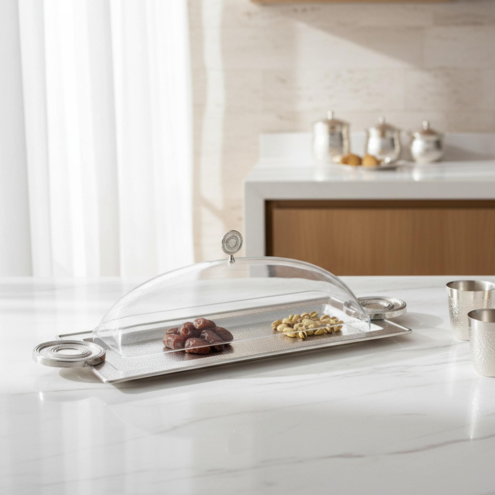 Almarjan Serving Tray with Cover 50 cm Silver Crackle