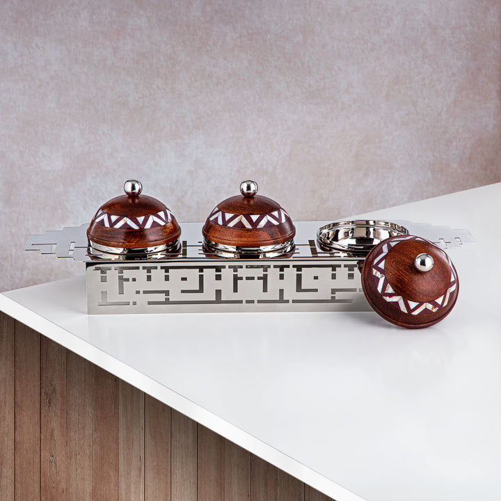 Almarjan 3 Part Candy Set Wood & Silver - MD-2124 C