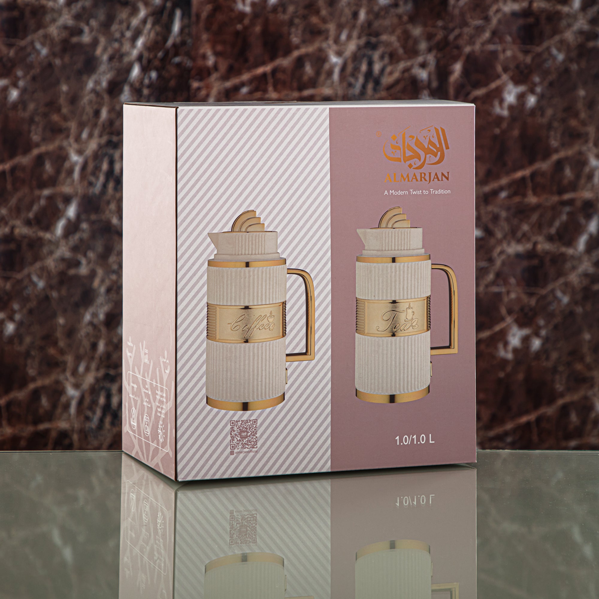 Almarjan Vacuum Flask Set, ABS, Push Button - 1L + 1L, Matt Gold (OUD-MG) - Tea & Coffee