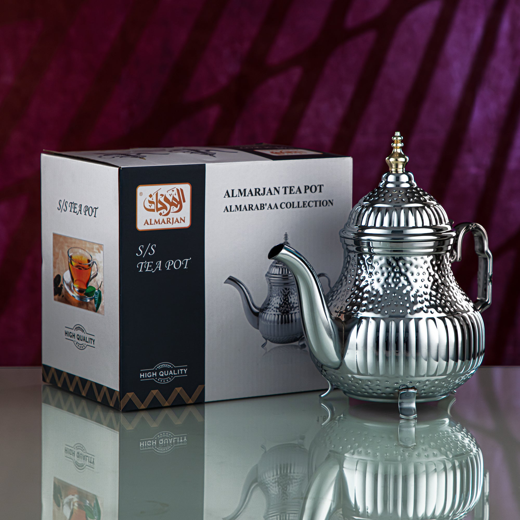 Almarjan 1.6 Liter Marabaa Collection Stainless Steel Teapot Silver & Gold - STS0012999