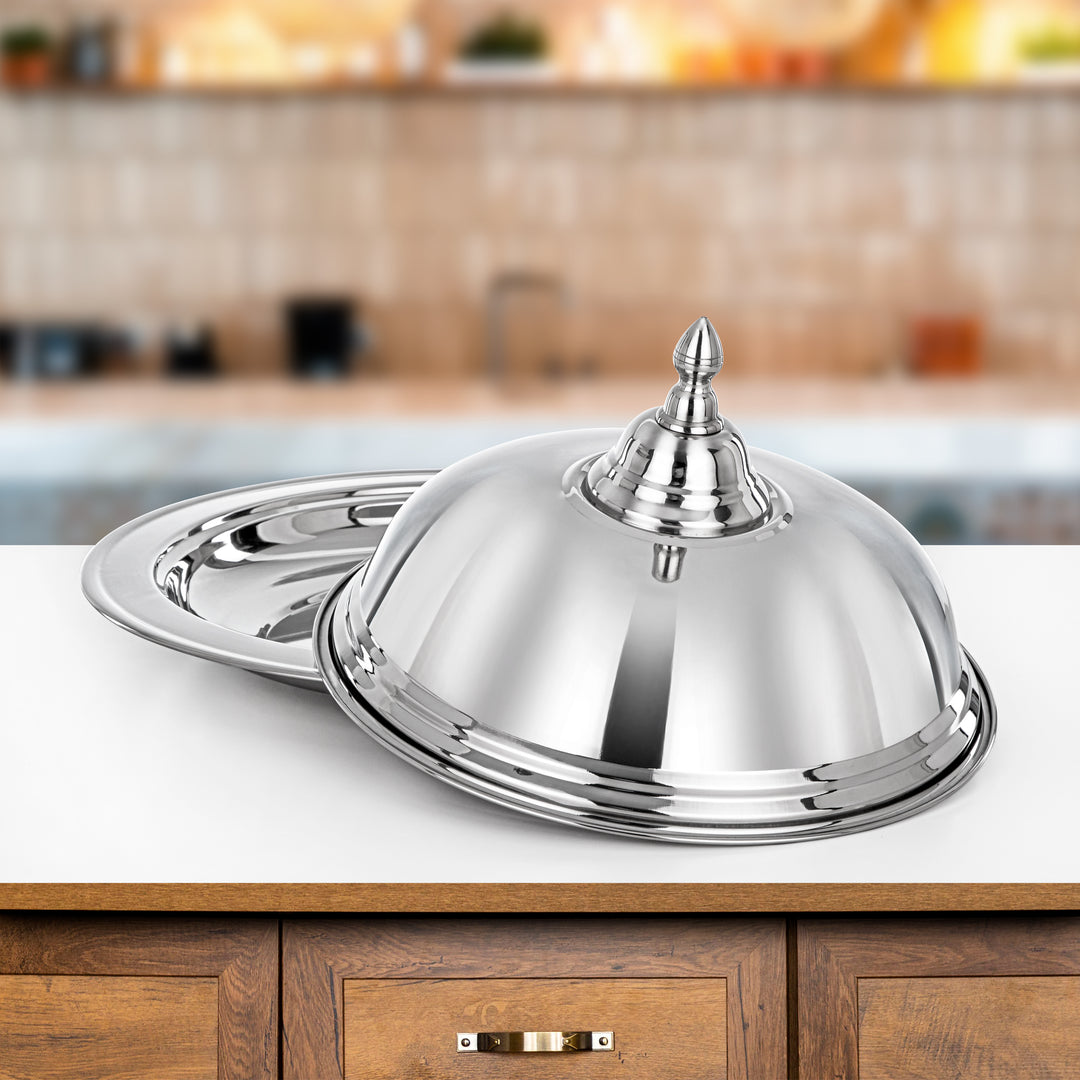 Almarjan Diwan Koozy Tray - 45CM Stainless Steel with Dome Cover, Mirror-Finish Serveware (H24P2)