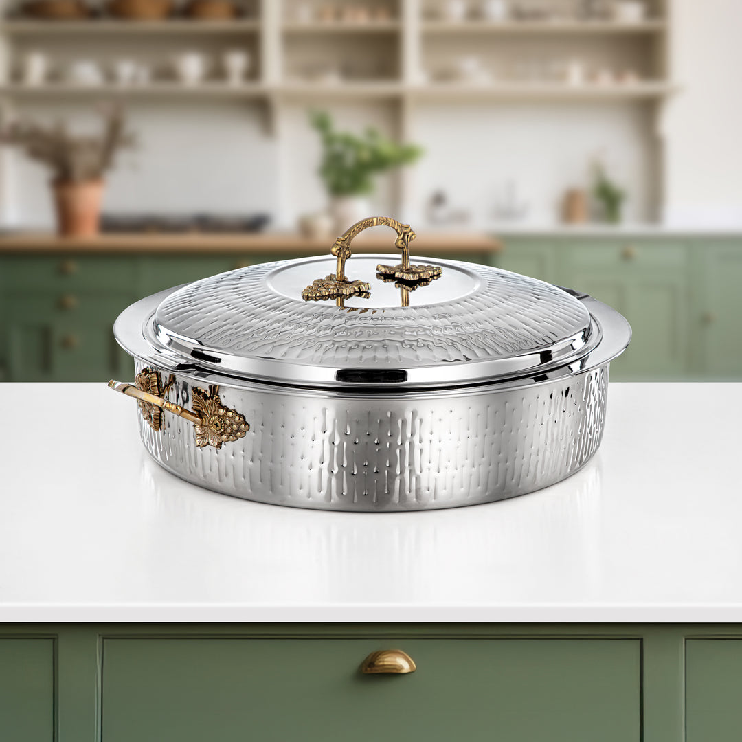 Almarjan Hot Pot Stainless Steel, Silver & Gold, Brass Handle 40CM (H25MG00) - Areej Collection, Ramadan & Eid